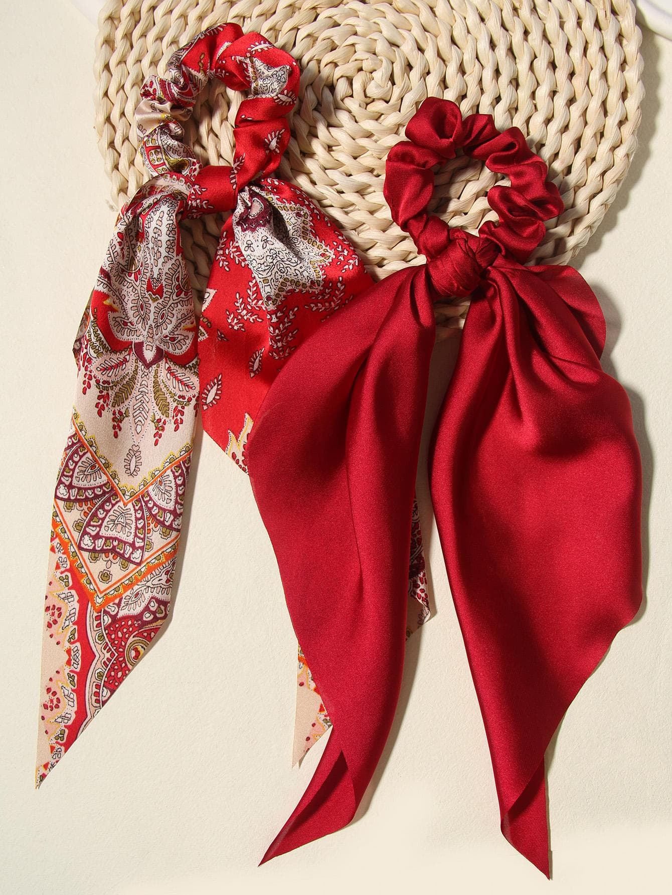 Boho 2pc Women Leaf Pattern Bohemian Scarf Hair Tie, Hair Accessories Scrunchies