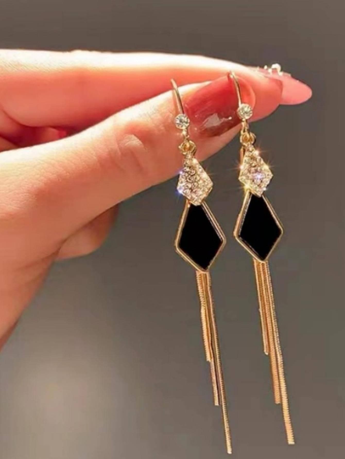 1 Pair New Design Shiny Rhinestone Rhombus Dangle Tassel Earrings, Sexy Elegant Ear Jewelry For Women