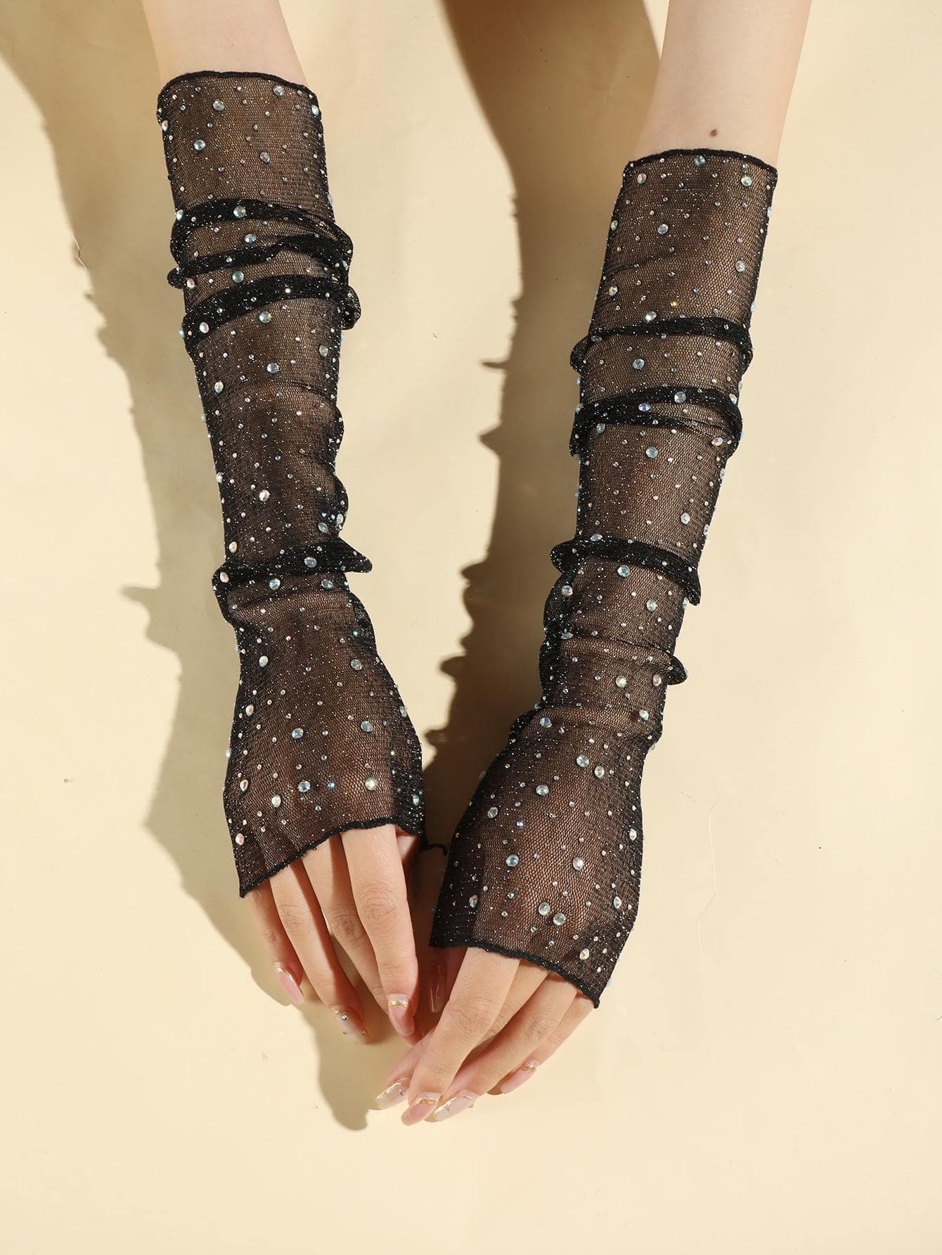 1pair Women Rhinestone Decor Fashion Arm Sleeves For Daily Life Summer,Travel,Festival,Gloves,Party
