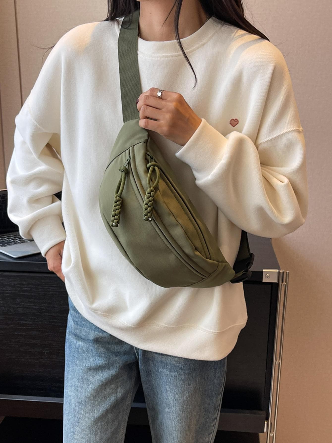 Green Fanny Pack With Zipper Minimalist, Preppy Bum Bag For The First Day Of School