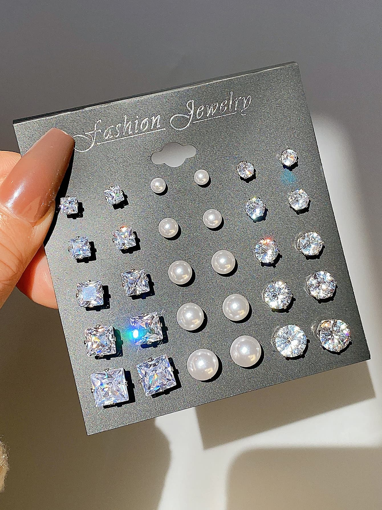 15pairs/Set Exquisite Cubic Zirconia & Faux Pearl Decor Square & Round Stud Earrings For Women For Gift