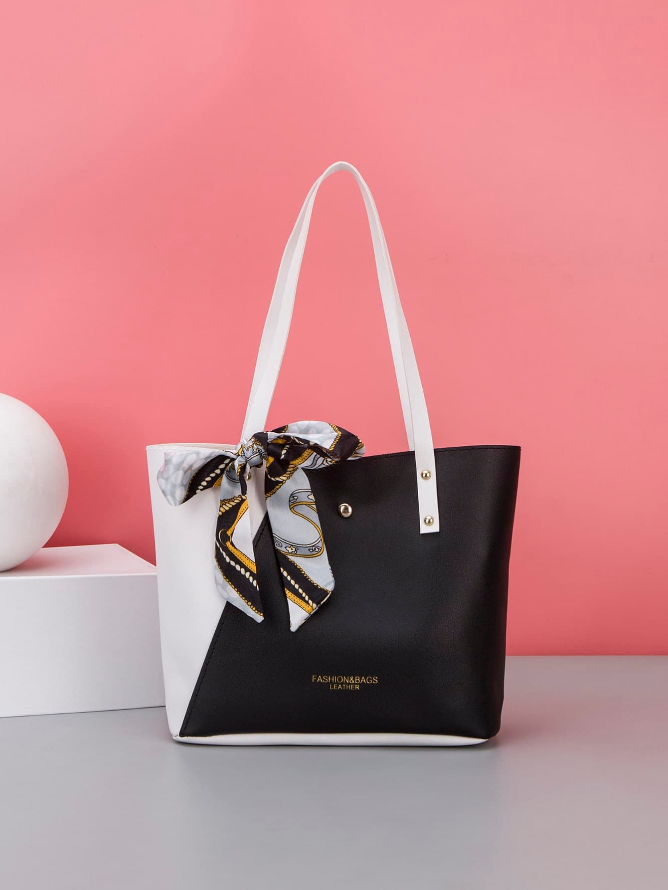 1pc PU Splice Fashionable Scarf Logo Heat Transfer Tote Bag, Handbag, Shoulder Bag, Shopping Bag, Casual Daily Use