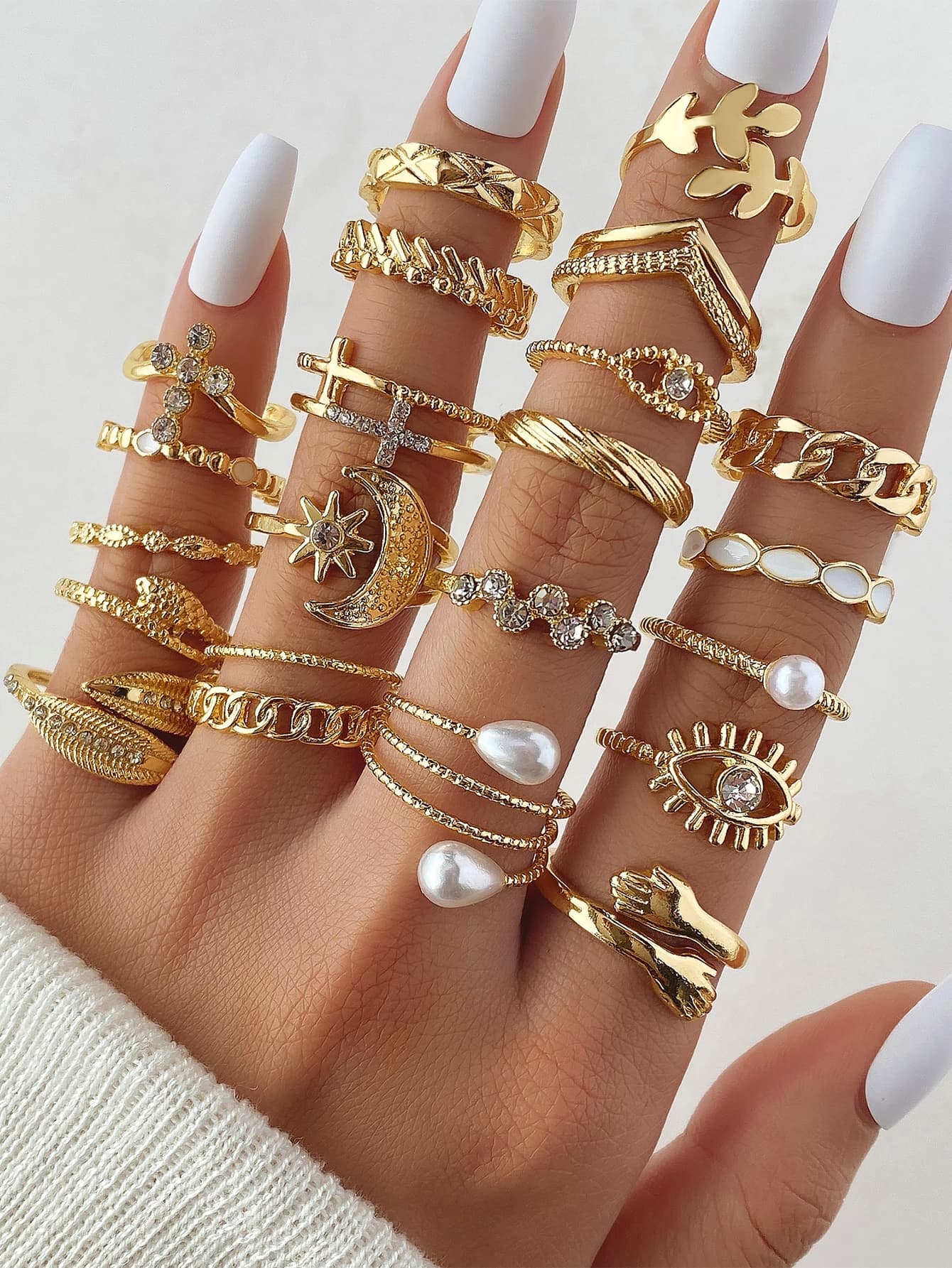 23pcs Elegant & Faux Pearl & Leaf & Tassel Design Rings Set