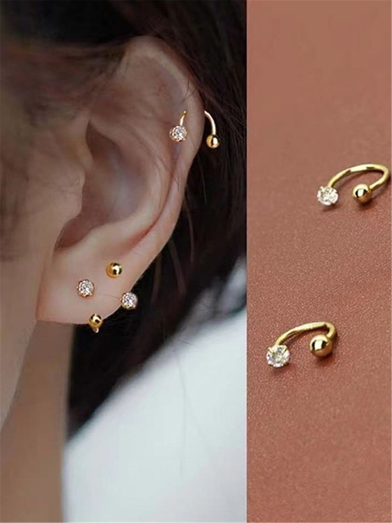 2pcs Stainless Steel C-shape Ear Studs With Cubic Zirconia For Women, Suitable For Daily Wear And Dating, Gift Idea