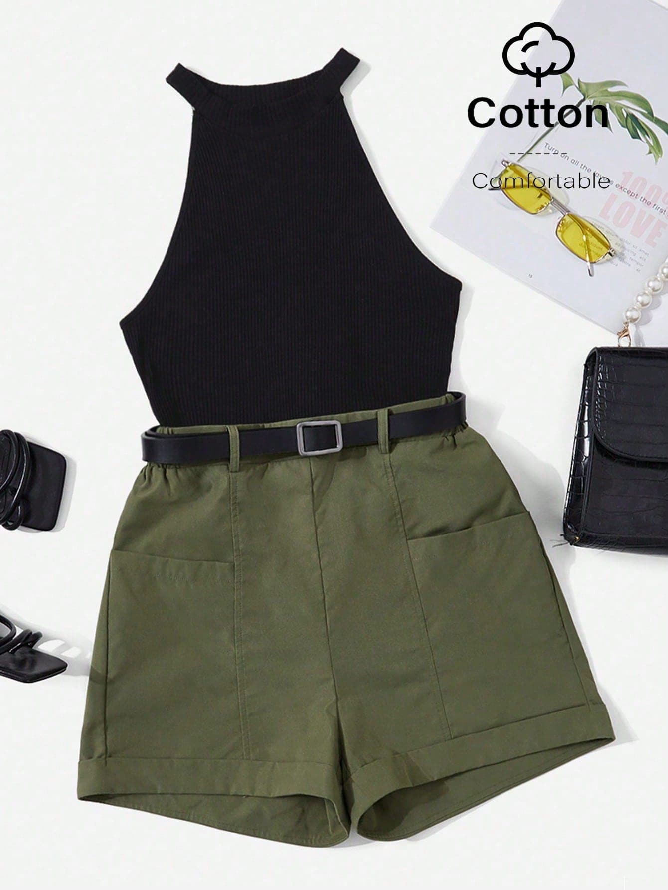 SHEIN Essnce 2pcs Women Knitted Halter Neck Tank Top & Woven Shorts Set