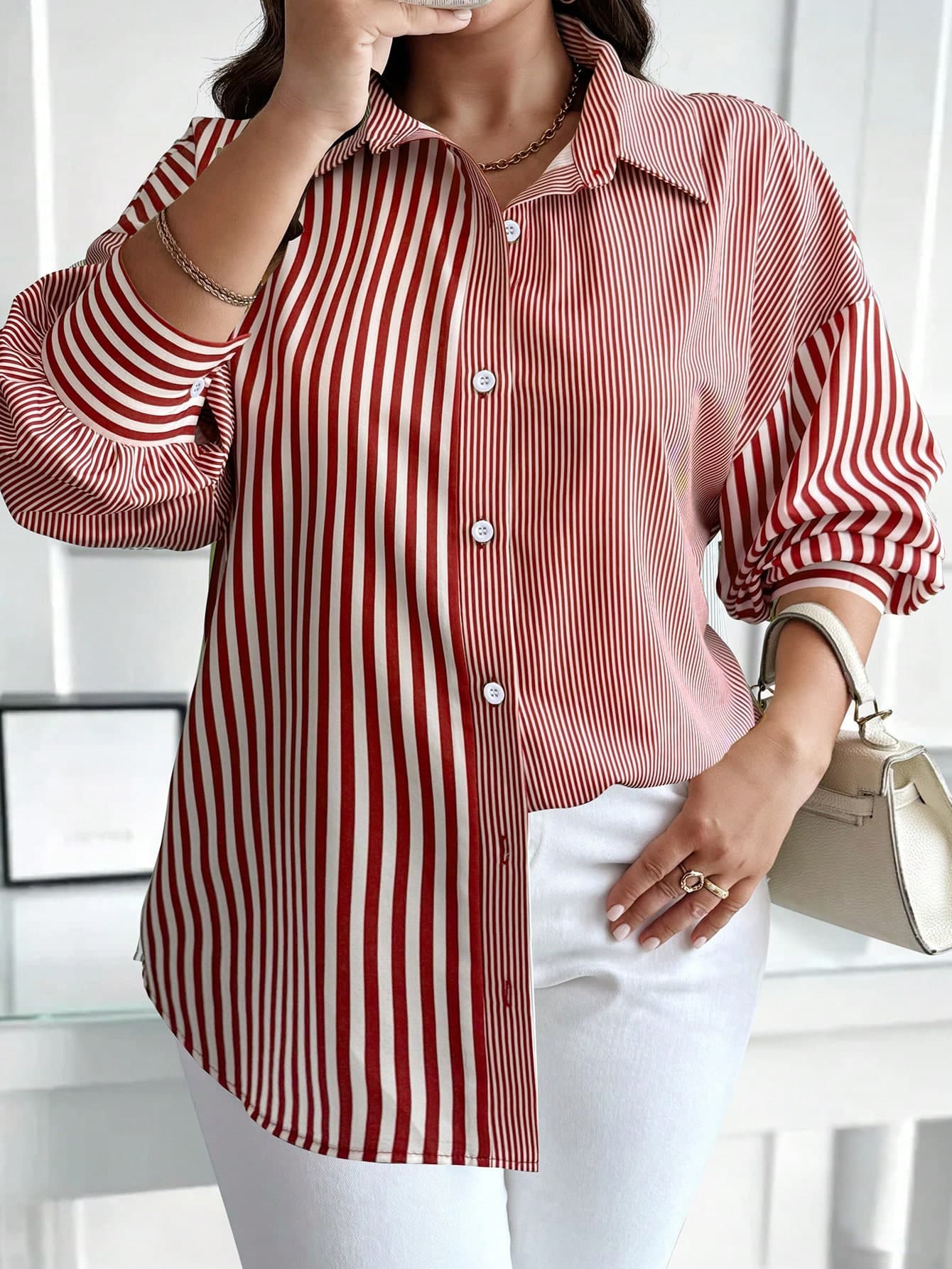 Calvaya Plus Size Striped Print Front Button Casual Shirt, Suitable For Summer Fall Cloth For Women