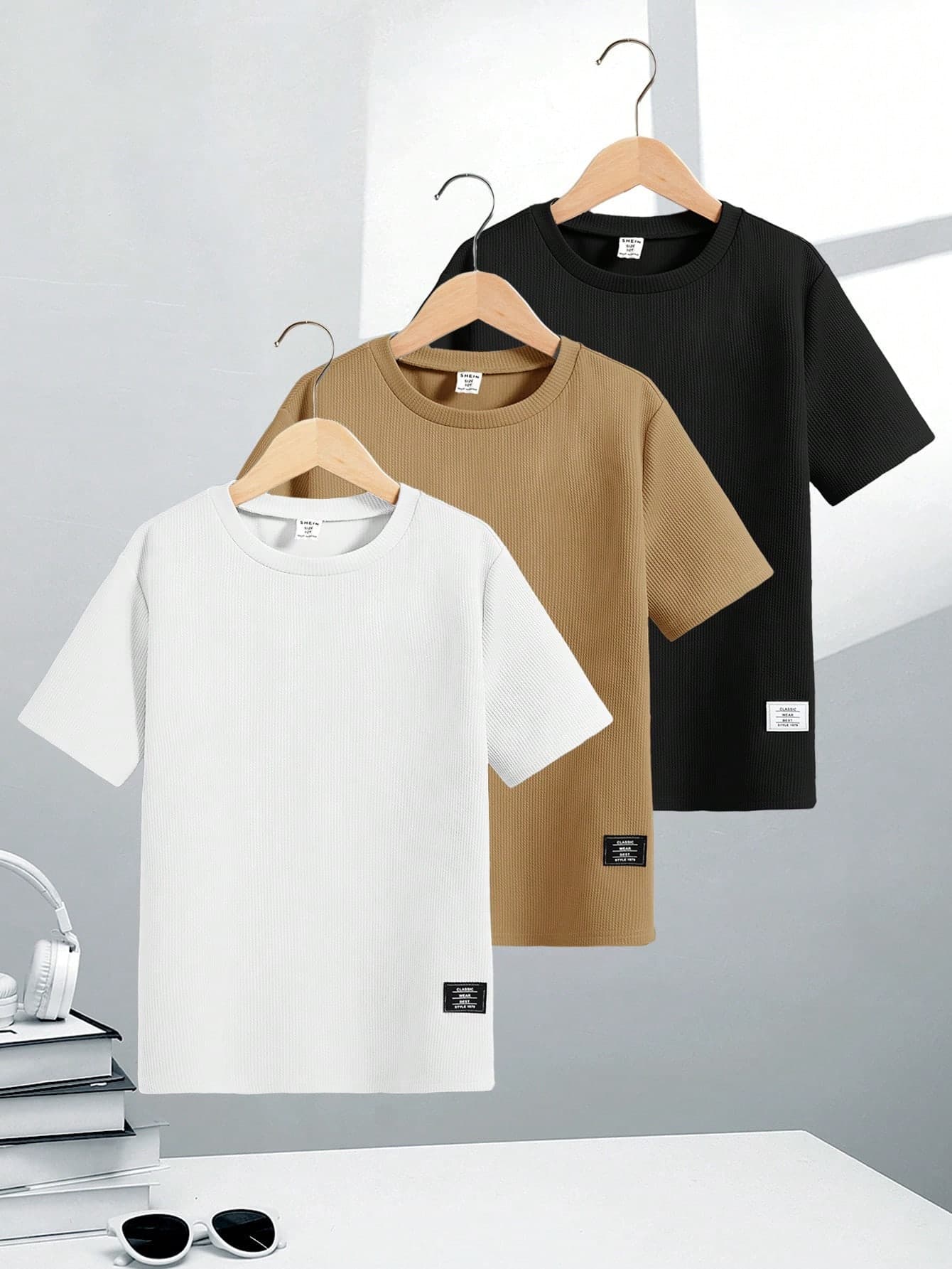 SHEIN 3pcs/Pack Teen Boys' Casual Solid Ribbed Crewneck Short Sleeve Knit T-Shirts,Back-To-School Summer Beach School Campus College Textured Knit Tops