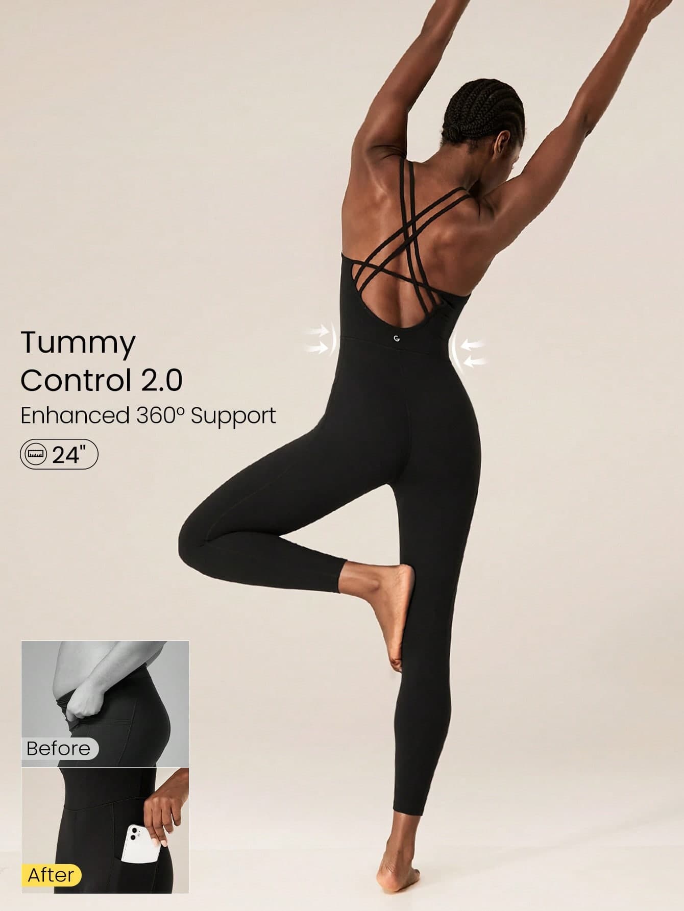 GLOWMODE 24'' FeatherFit™ Tummy Control Crisscross Strappy Back Bodysuit Jumpsuit With Side Pockets Low Impact Yoga Pilates Daily Removable Cups Gym