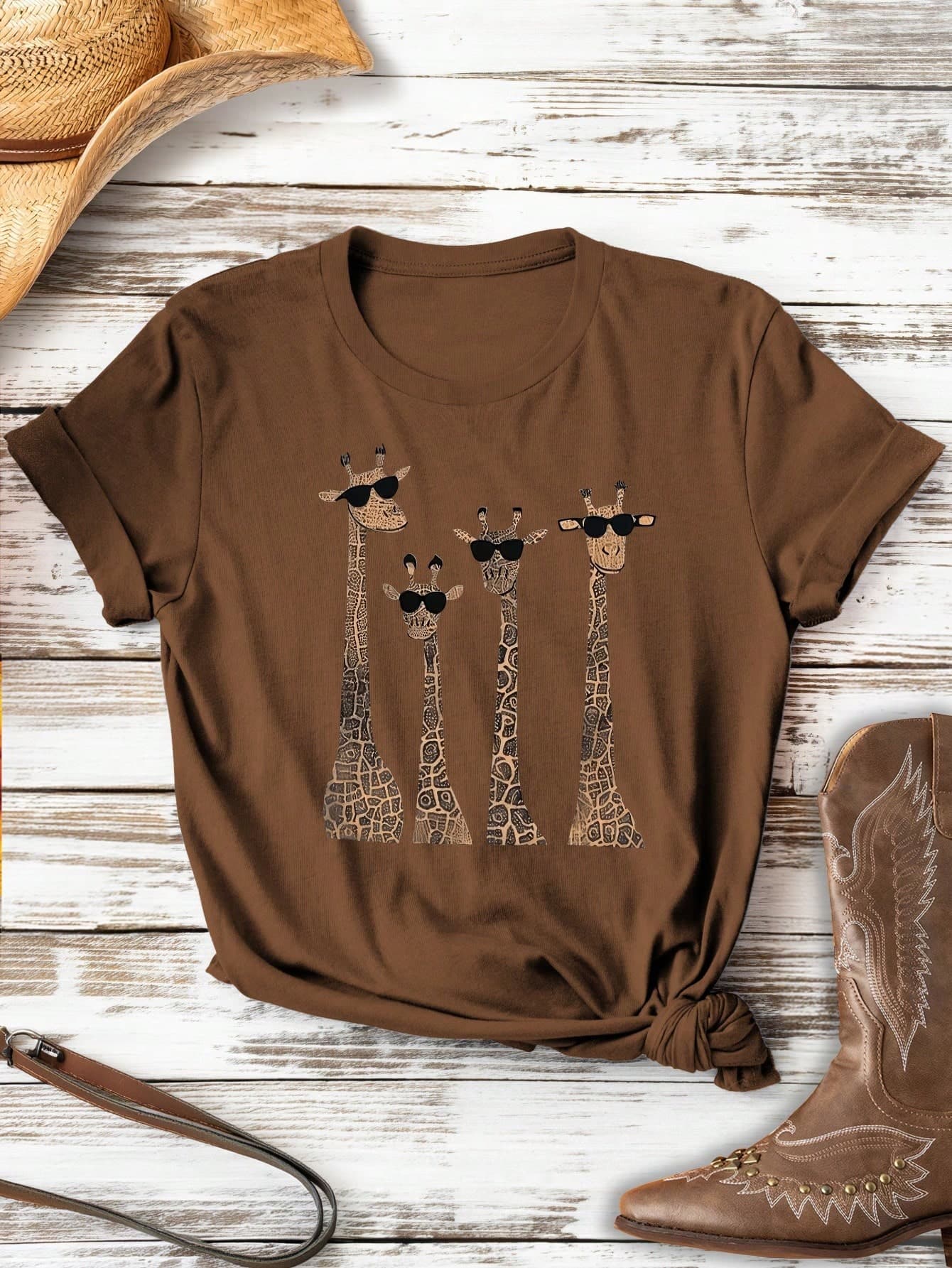 SHEIN LUNE Giraffe Pattern Round Neck Short Sleeve Fashion Plus Size T-Shirt, Summer Graphic Tees Women Tops