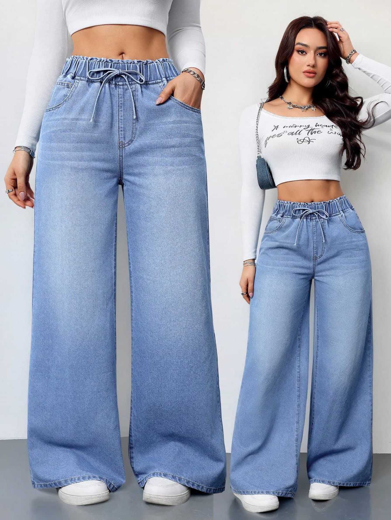 SHEIN Tall Women's Casual High Waist Wide Leg Trousers Blue Jeans Summer Clothing Elastic Waistbandn Women Clothes Pants, Tall Women