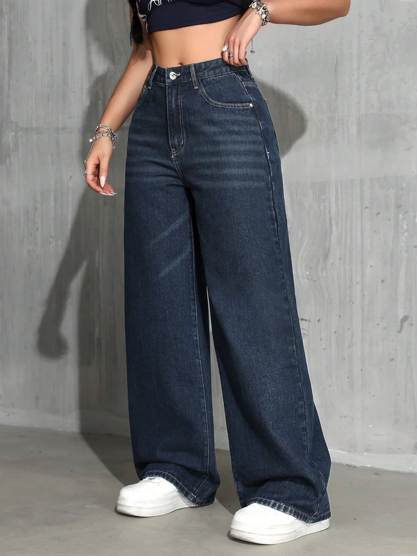 SHEIN ICON Women's Loose Casual Pocket Wide Leg Jeans