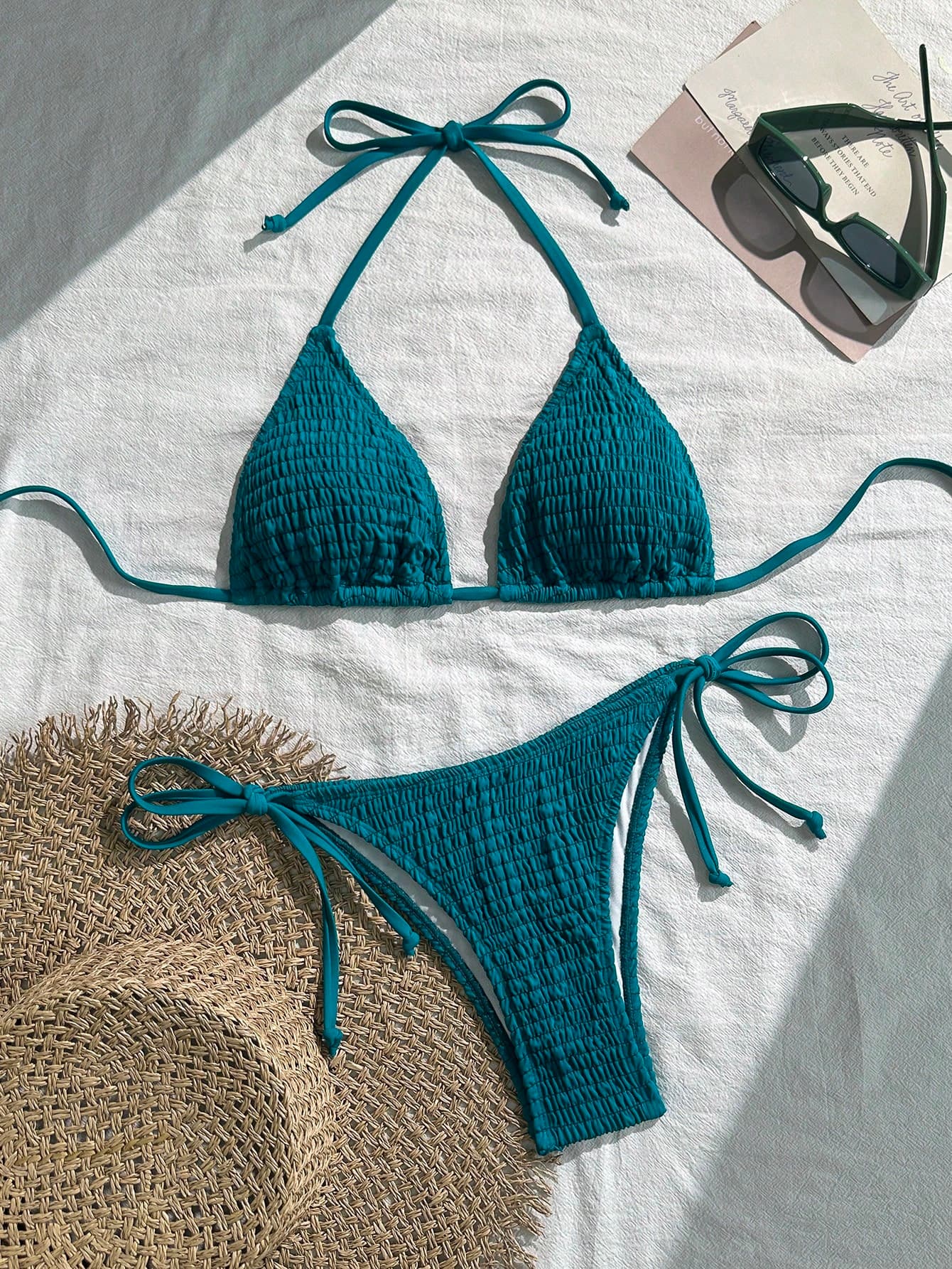 Swim Vcay Solid Color Halter Twist Bikini Two Pieces Swimwear, Suitable For Summer