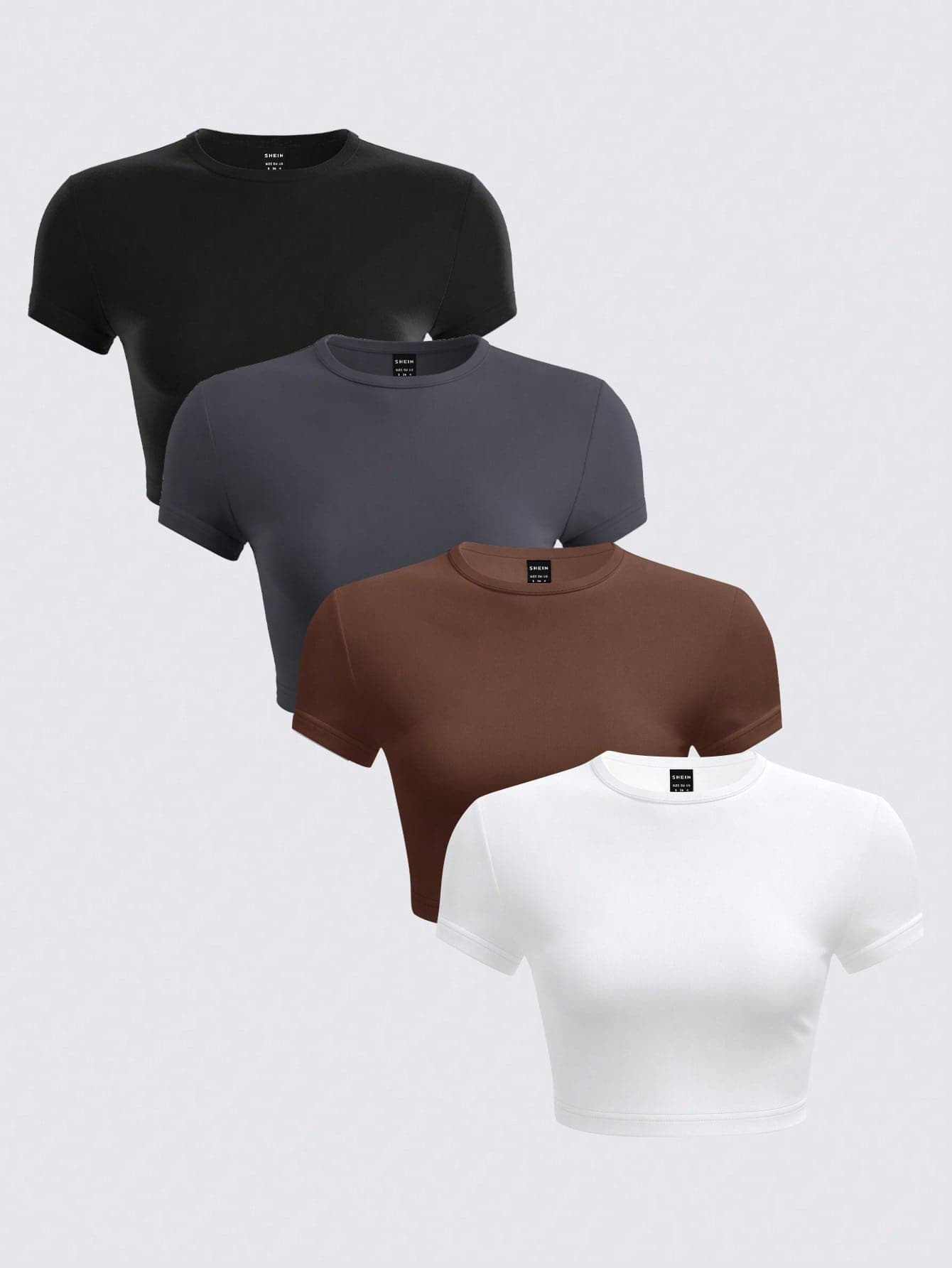 SHEIN BASICS 4pcs/Set Casual Solid Color Knit Crew Neck Short Sleeve Fitted Cropped Women T-Shirts Summer Tops