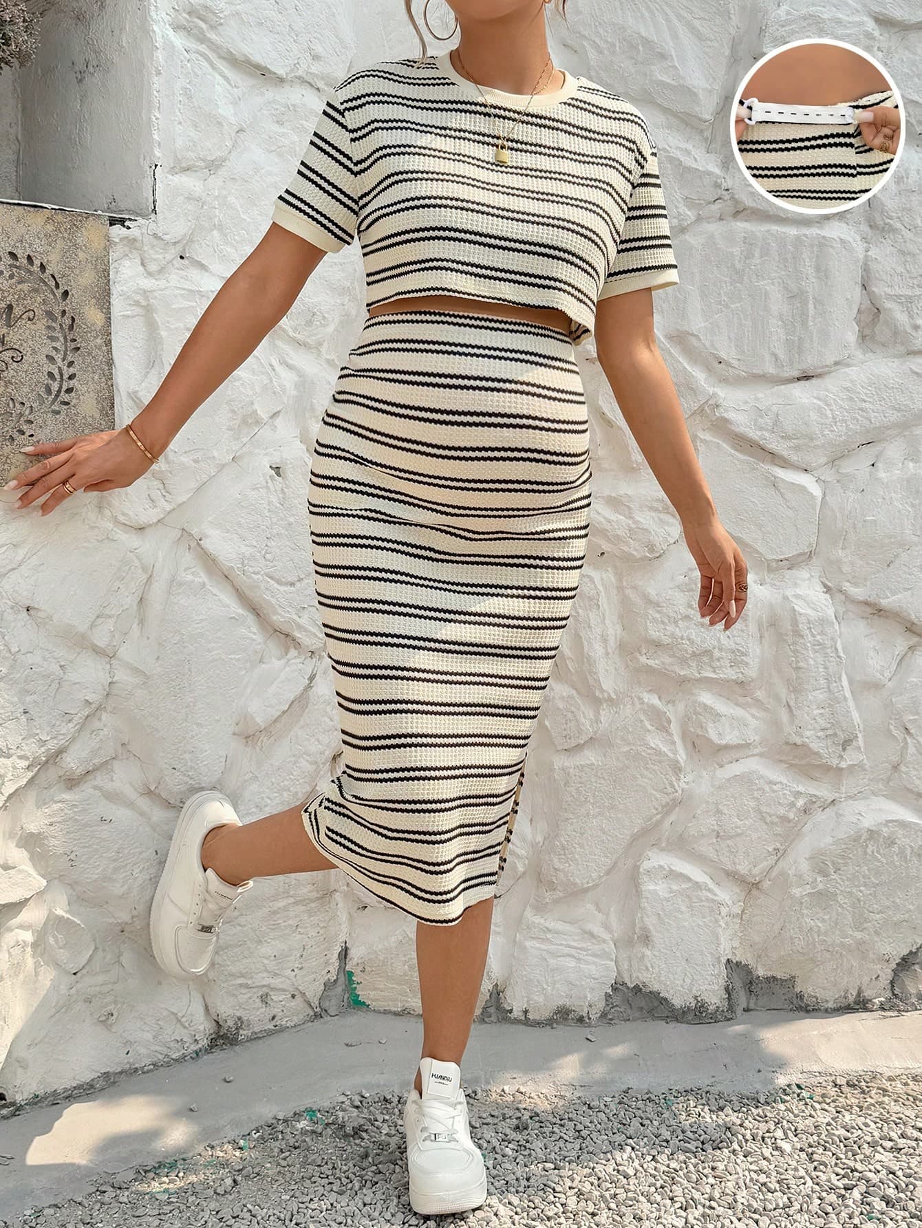 SHEIN 2pcs/Set Pregnant Women Striped Print Round Neck Top And Skirt,Summer Clothes