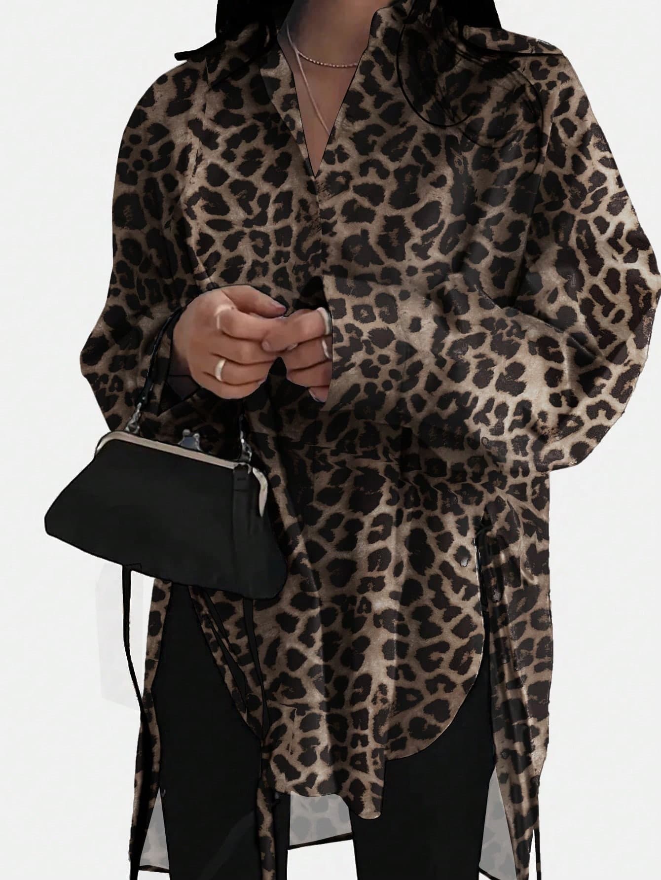 SHEIN Plus Size Women Leopard Print Long Sleeve Button-Up Casual Shirt Fall Cloth For Women