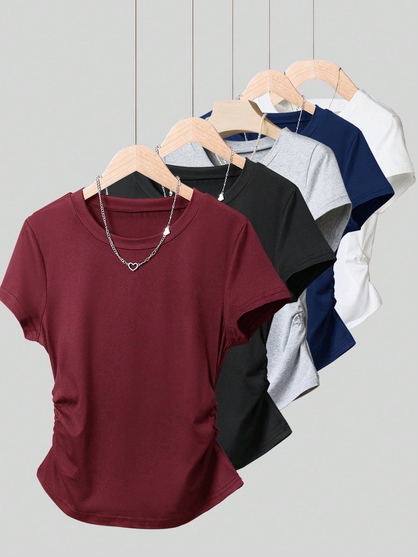 INAWLY Women's Solid Color Round Neck Short Sleeve T-Shirt Top, Fashionable For Summer
