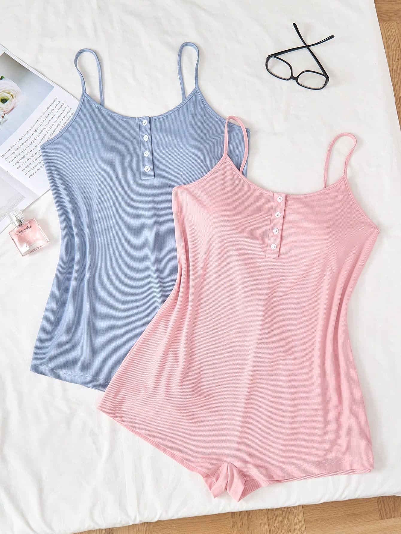 SHEIN 2pcs/Set Plus Size Ribbed Cami & Jumpsuit Loungewear