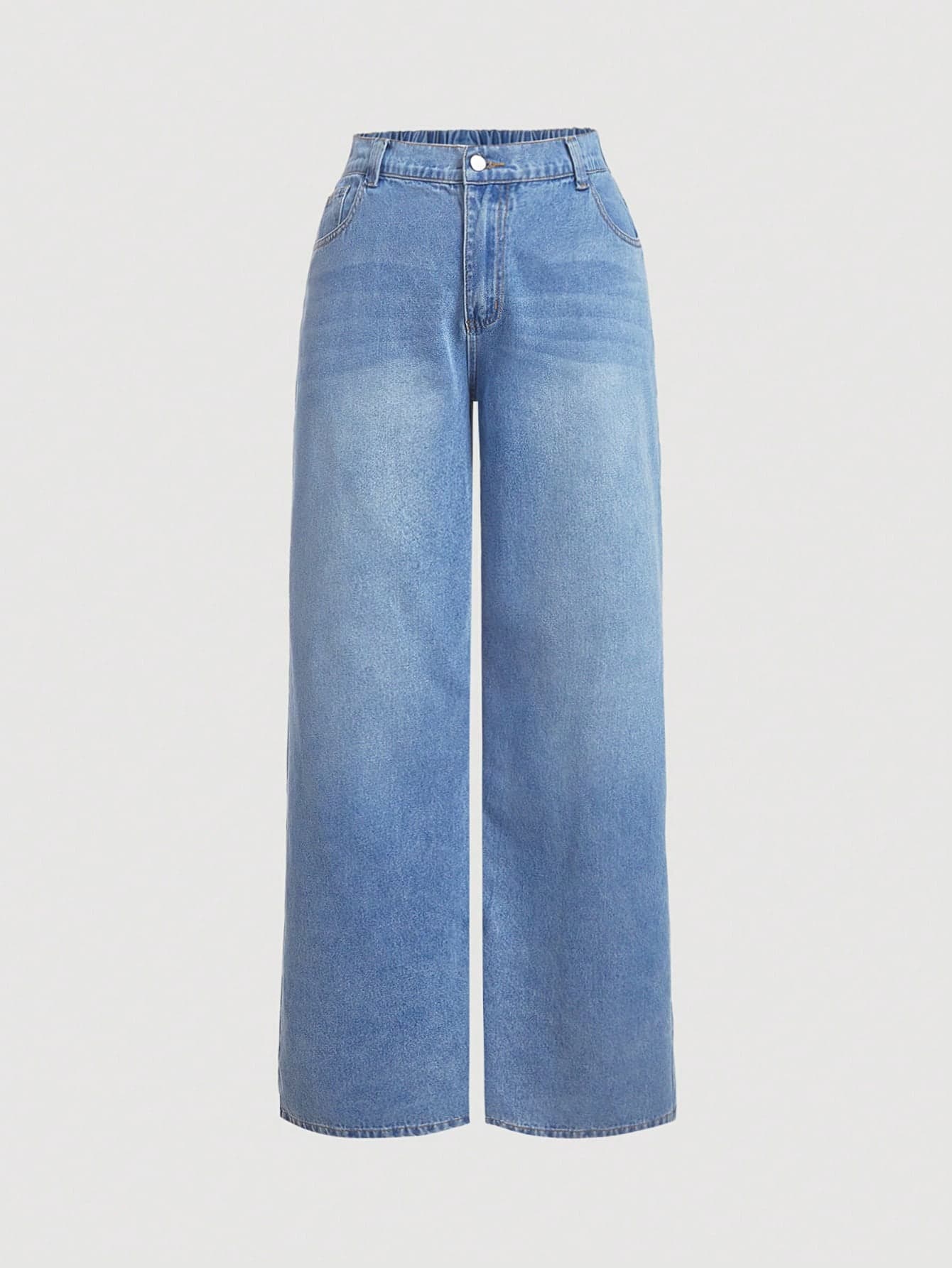 SHEIN MOD Plus Size Y2k Jeans Loose Fit Street Style Denim Wide-Leg Pants,Women Baggy Straight Grey Jeans,Light Blue,Summer,Casual,Everyday,Back To School