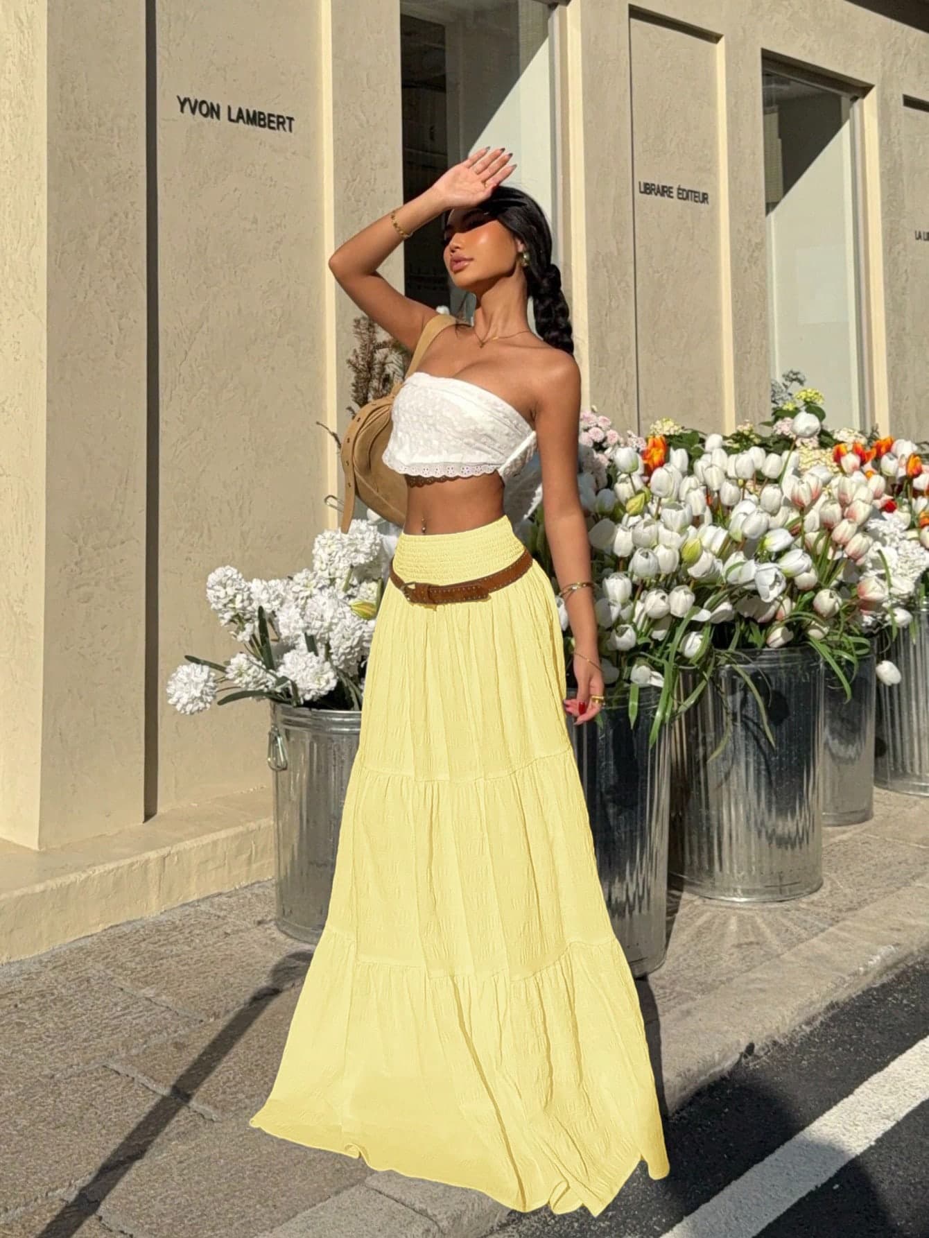 MainGRL Women's Yellow Pleated Ruched Hem A-Line Skirt, Summer,Butter Yellow