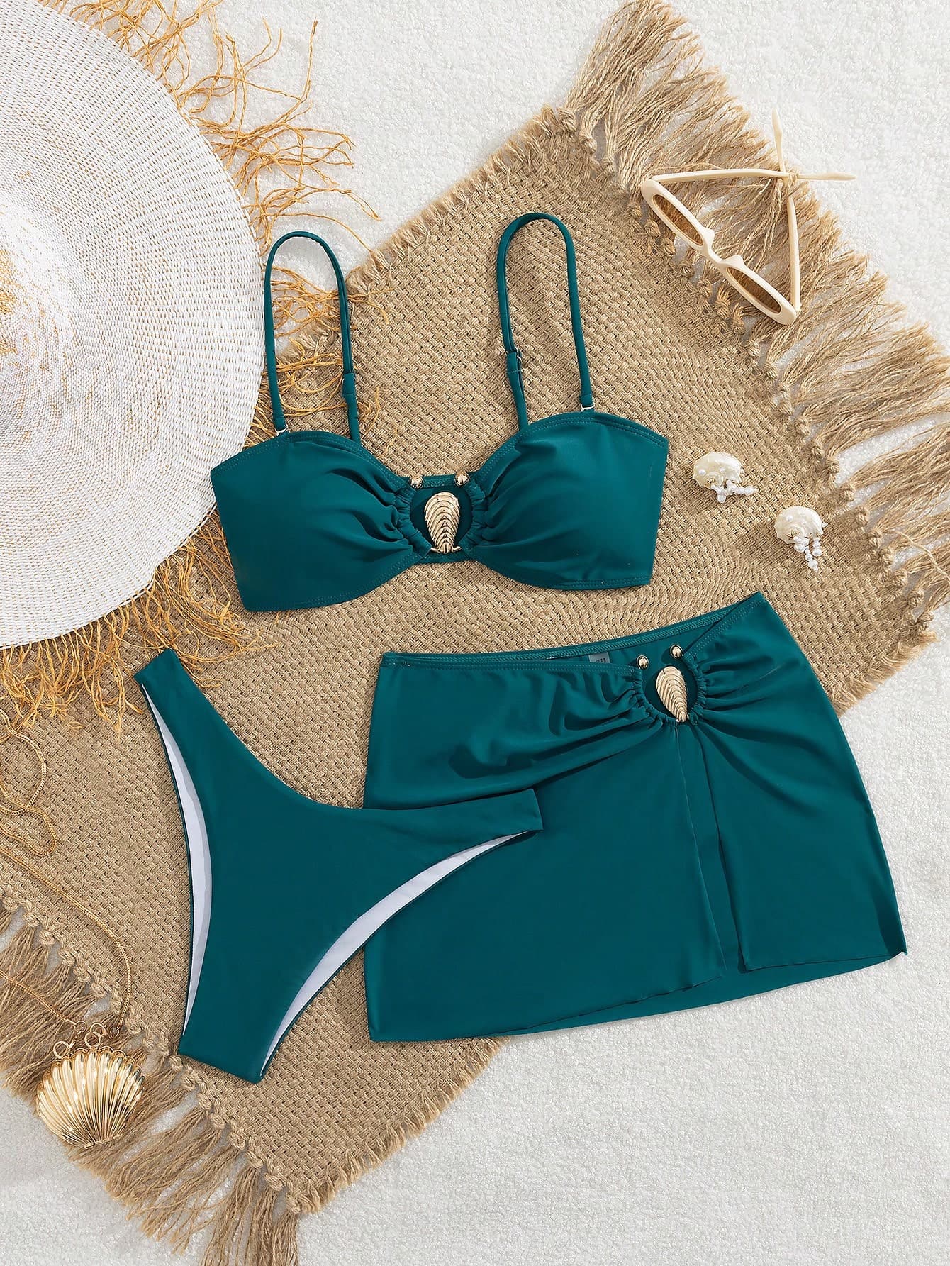 Swim Vcay 3pcs/Set Women Teal Bikini Swimsuit,Solid Color Metal Decor Camisole Bikini Set With Skirt,Summer Casual Elegant Holiday Vacation Fashion Beachwear