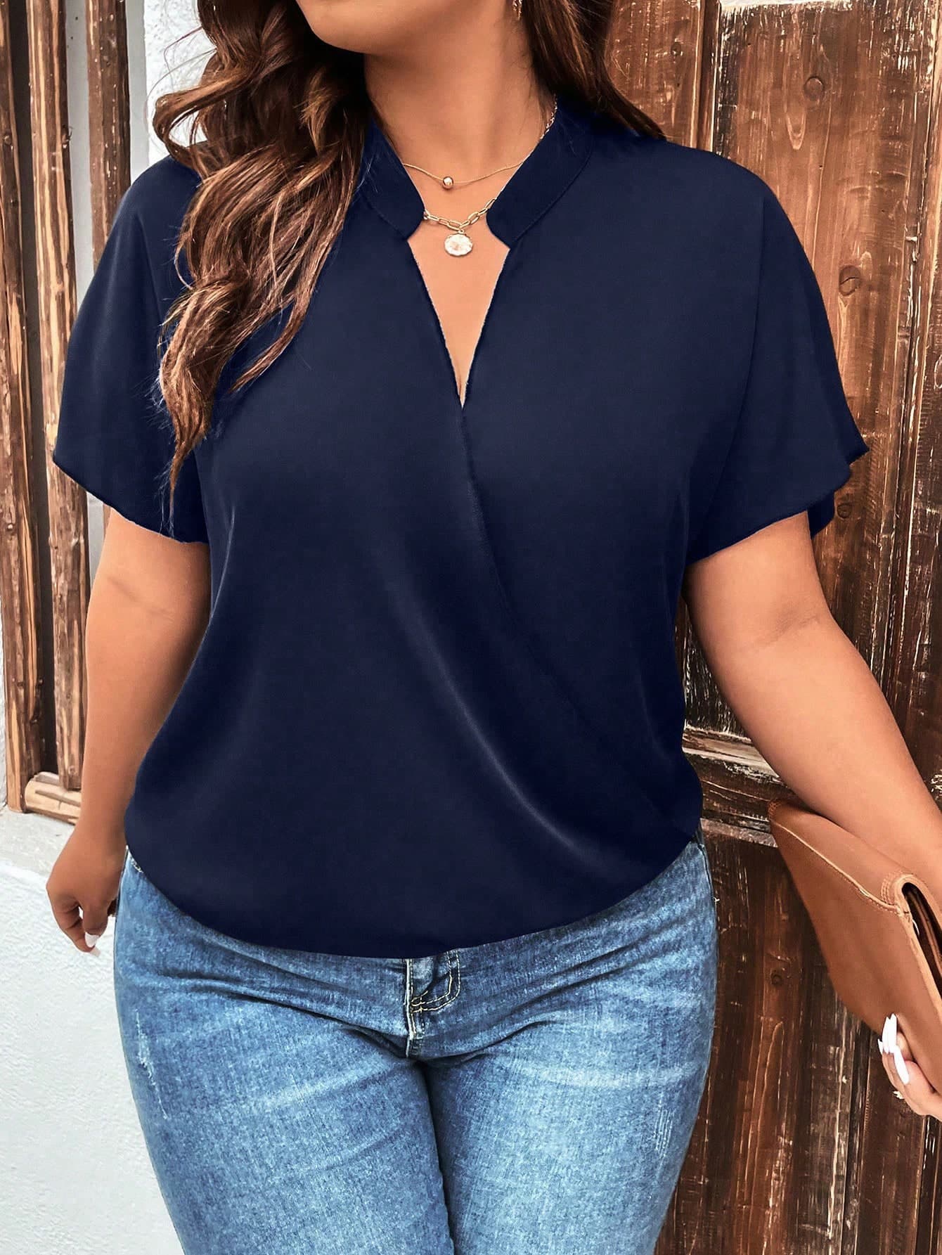 SHEIN Clasi Plus Size Summer Simple Solid Color Notched Neck Short Sleeve Shirt