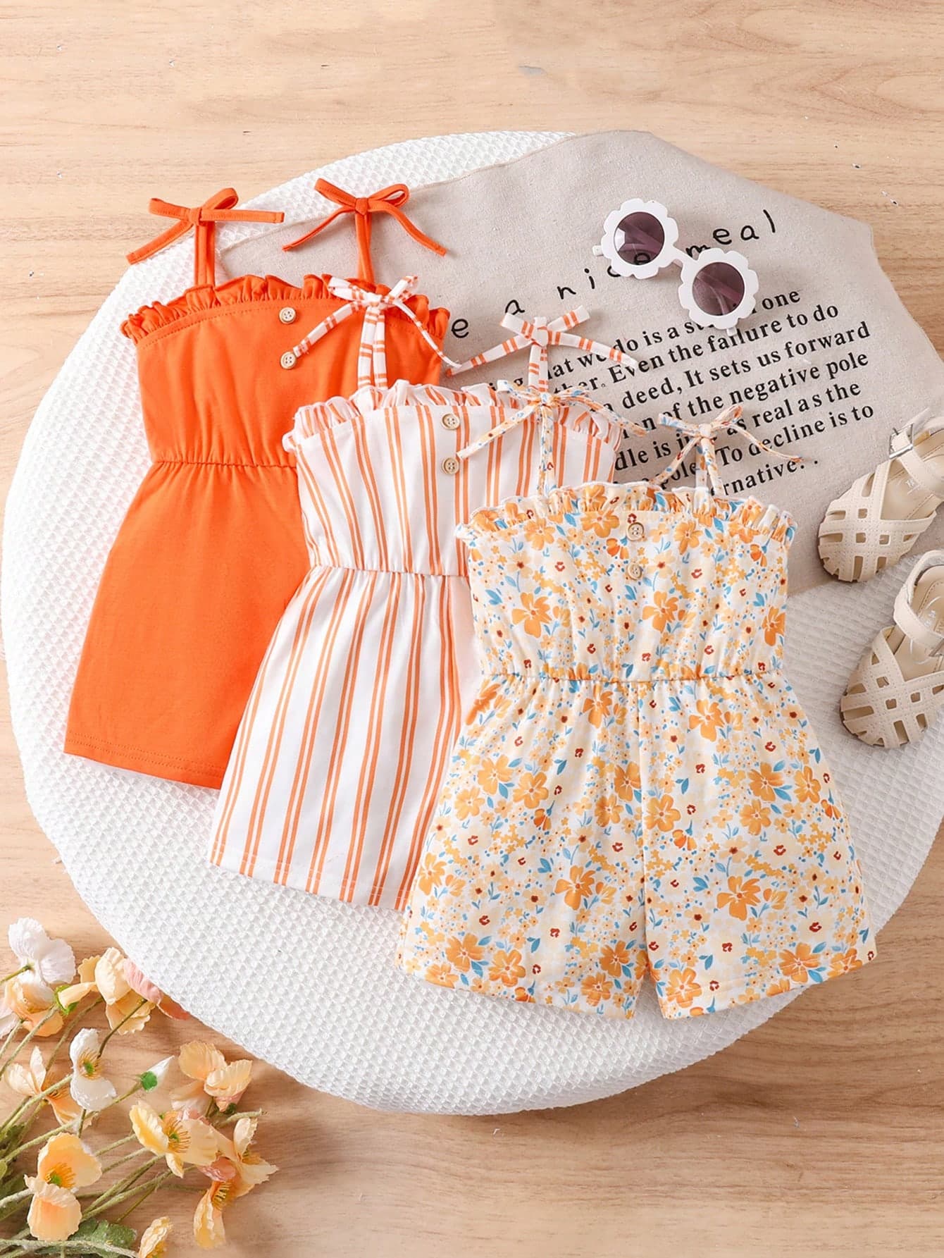 SHEIN 3pcs/Set Baby Girls' Lovely Summer Ditsy Floral & Striped Print Knitted Camisole Romper Set