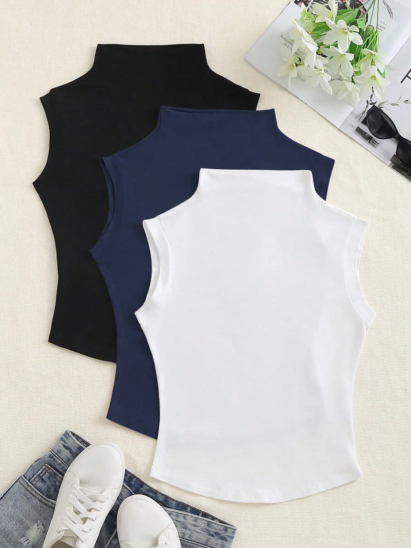 Elamini Solid Color Stand Collar Tight Fit Sleeveless Casual Tank Top For Summer