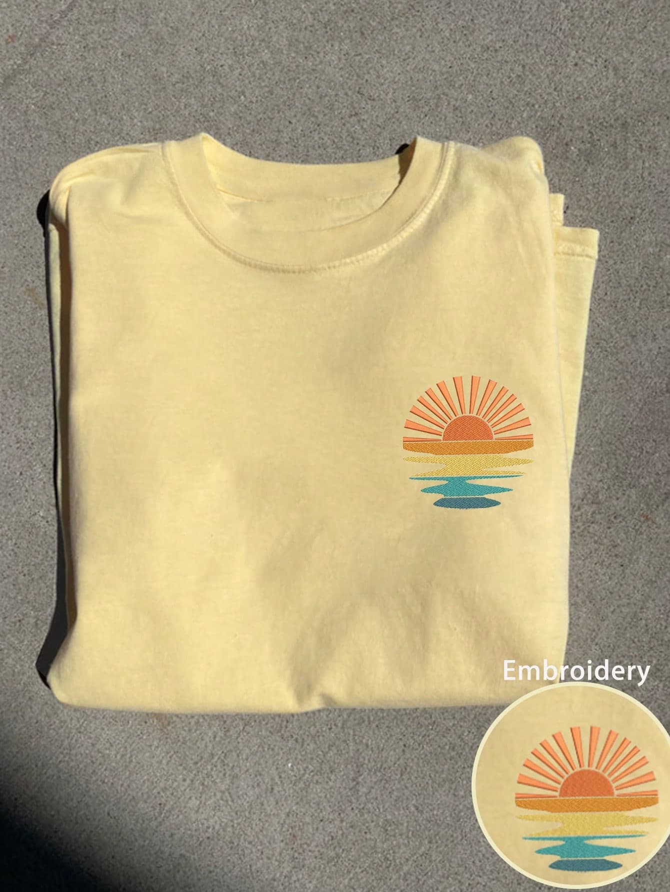 INAWLY Summer Casual T-Shirt, Sun Embroidery Graphic T-Shirt, Women Round Neck Embroidered T-Shirt