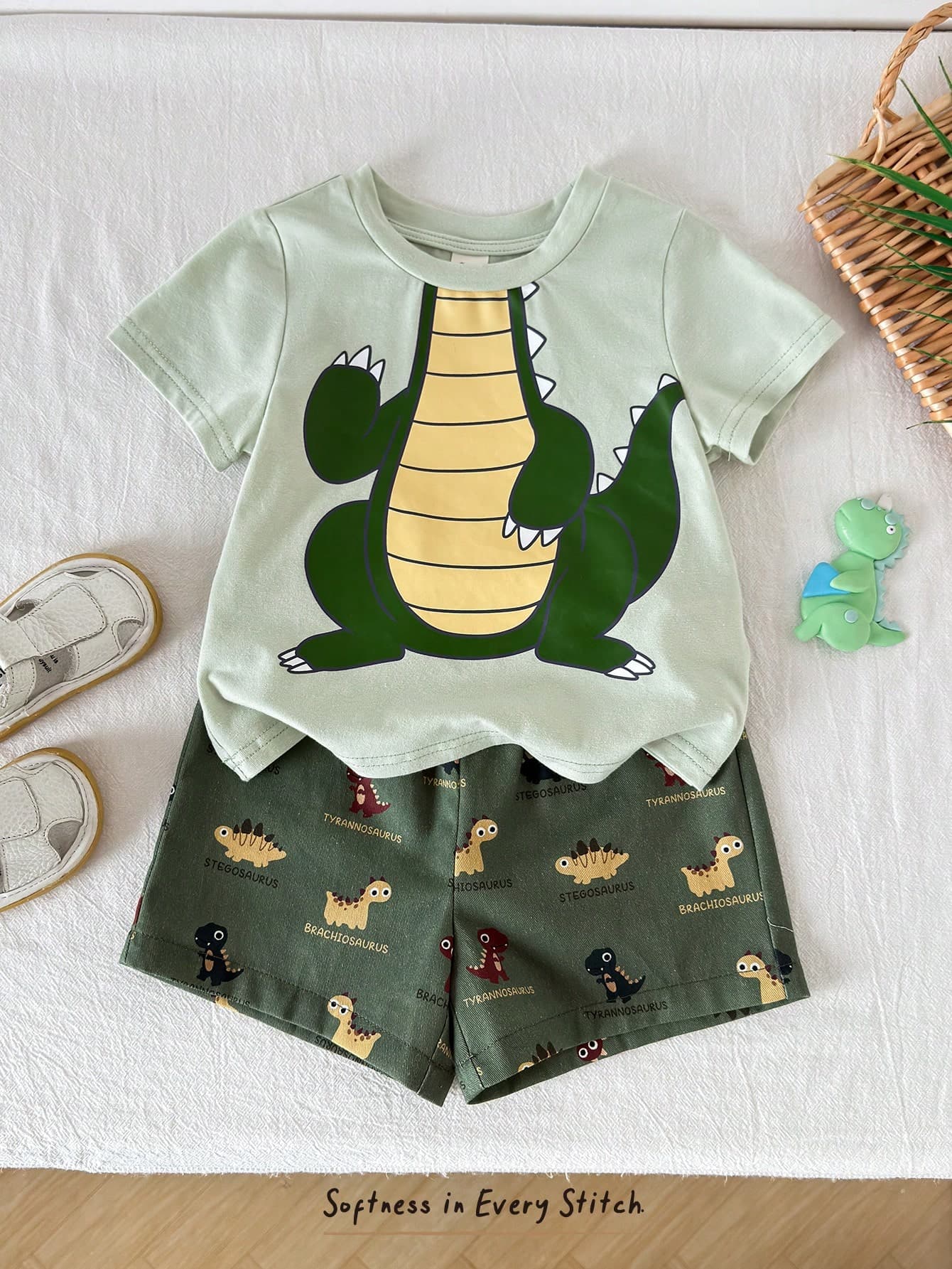 Cozy Pixies 2pcs Baby Boy Cartoon Dinosaur Pattern Knit Soft Round Neck Short Sleeve Top With Elastic Waist Shorts Set