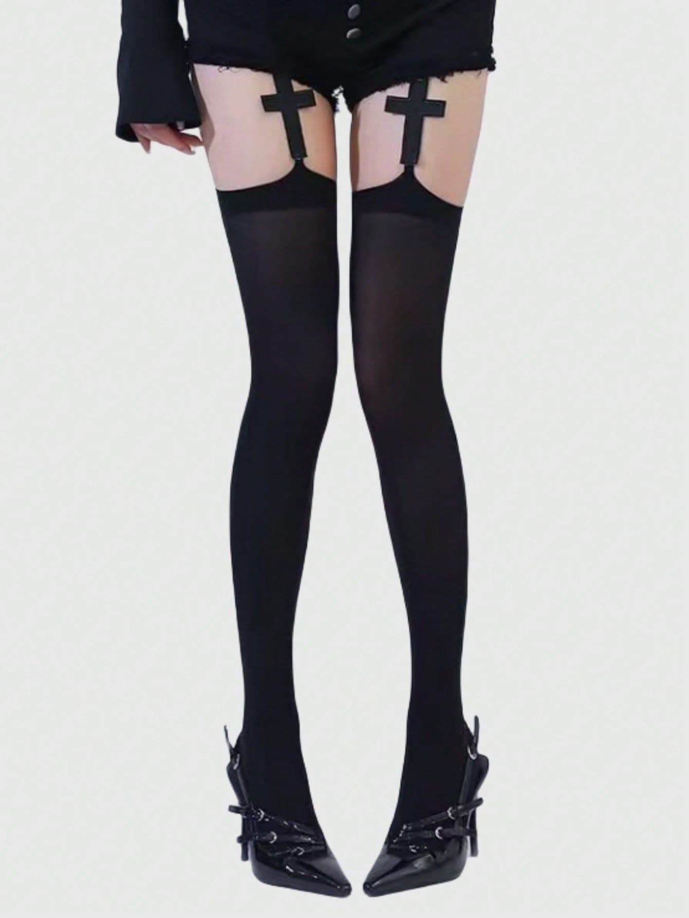 ROMWE Grunge Punk 1 Pair Goth Style Dark Black Cross Pattern Suspender Socks, Halloween