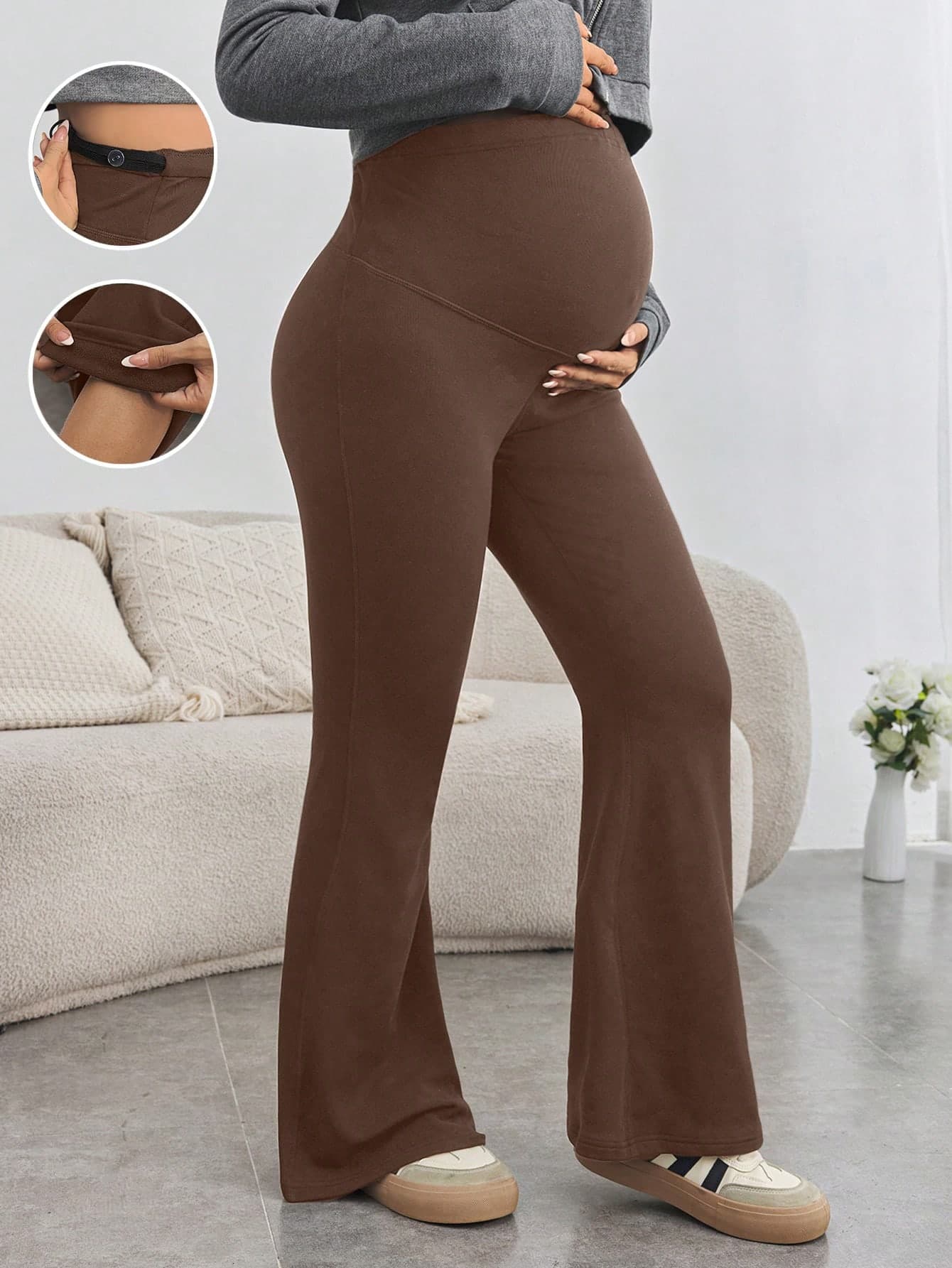 SHEIN Maternity High Waisted Stretchy Flared Casual Pants, Adjustable Waist, Long Leggings For Pregnant Women World Cup Fall
