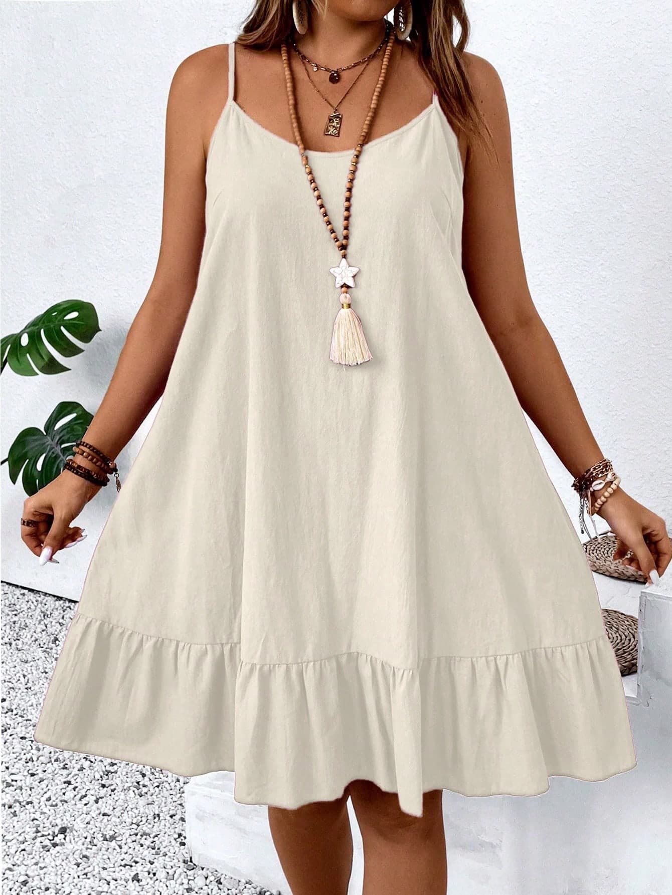 EMERY ROSE Women's Plus Size Pure Cotton Spaghetti Strap Dress, Loose Fit Flattering Ruffle Hem A-Line Dress, Suitable For Vacation, Travel And Daily Wear, Can Be Paired With Outerwear, All-Season Versatile Dress