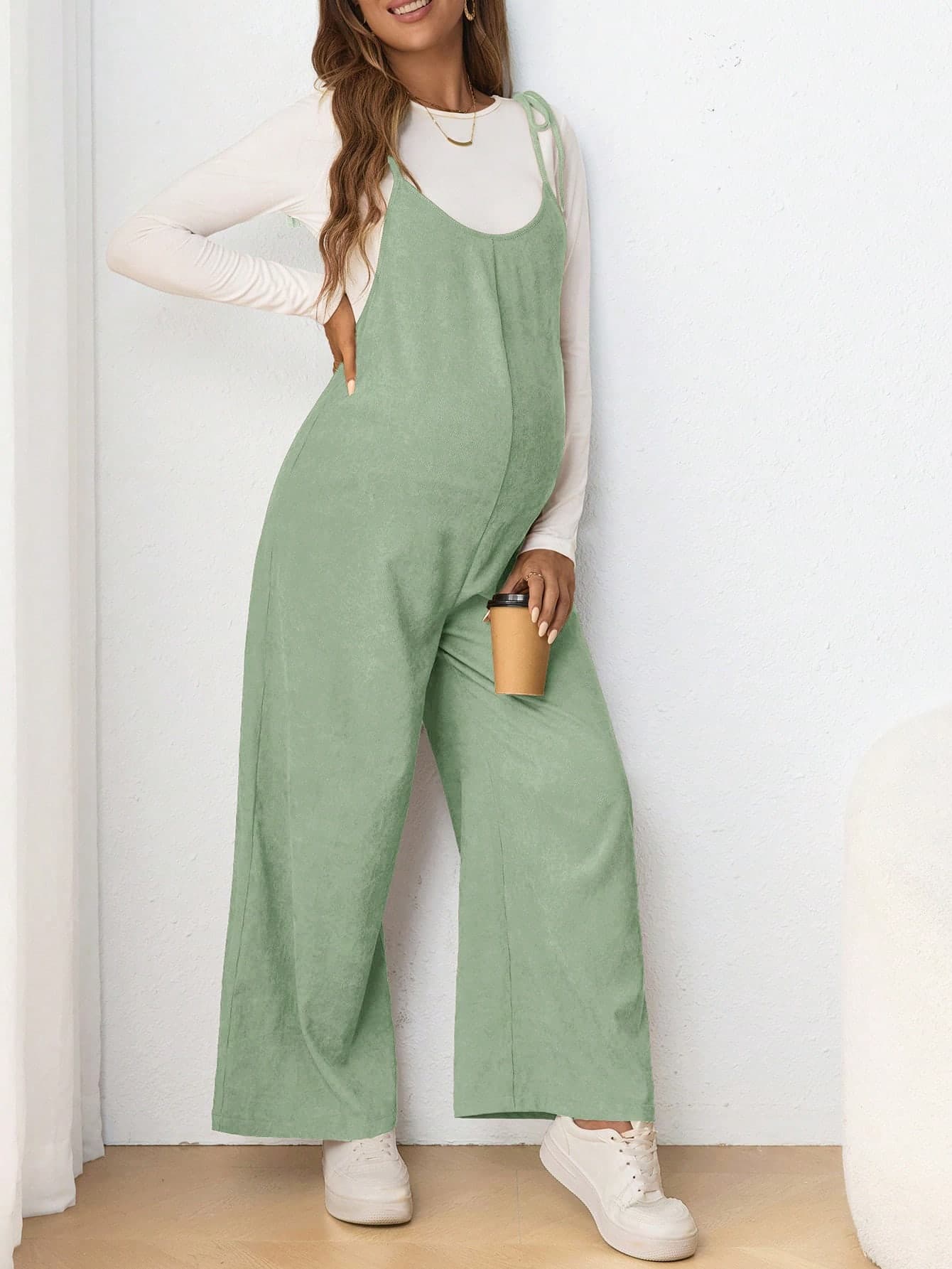 SHEIN Maternity Casual Spaghetti Strap Tie-Bow Long Jumpsuit Green
