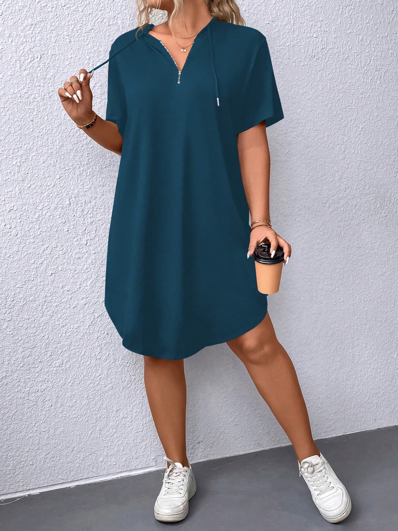 Calvaya Plus Size Solid Color Half Zip Hoodie Casual Short Sleeve Dress