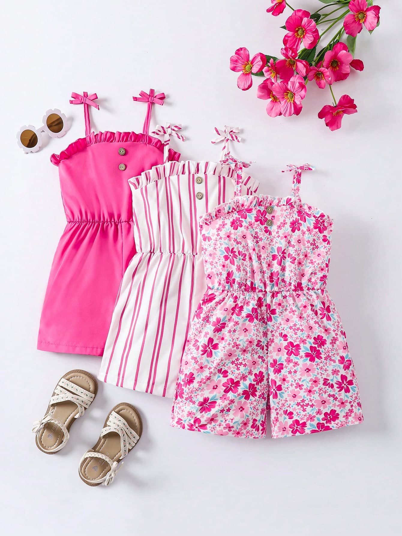SHEIN Elladie kids 3pcs/Pack Young Girl Summer Casual Ruffled Trim Button Decor Spaghetti Strap Jumpsuit, School, Campus, College