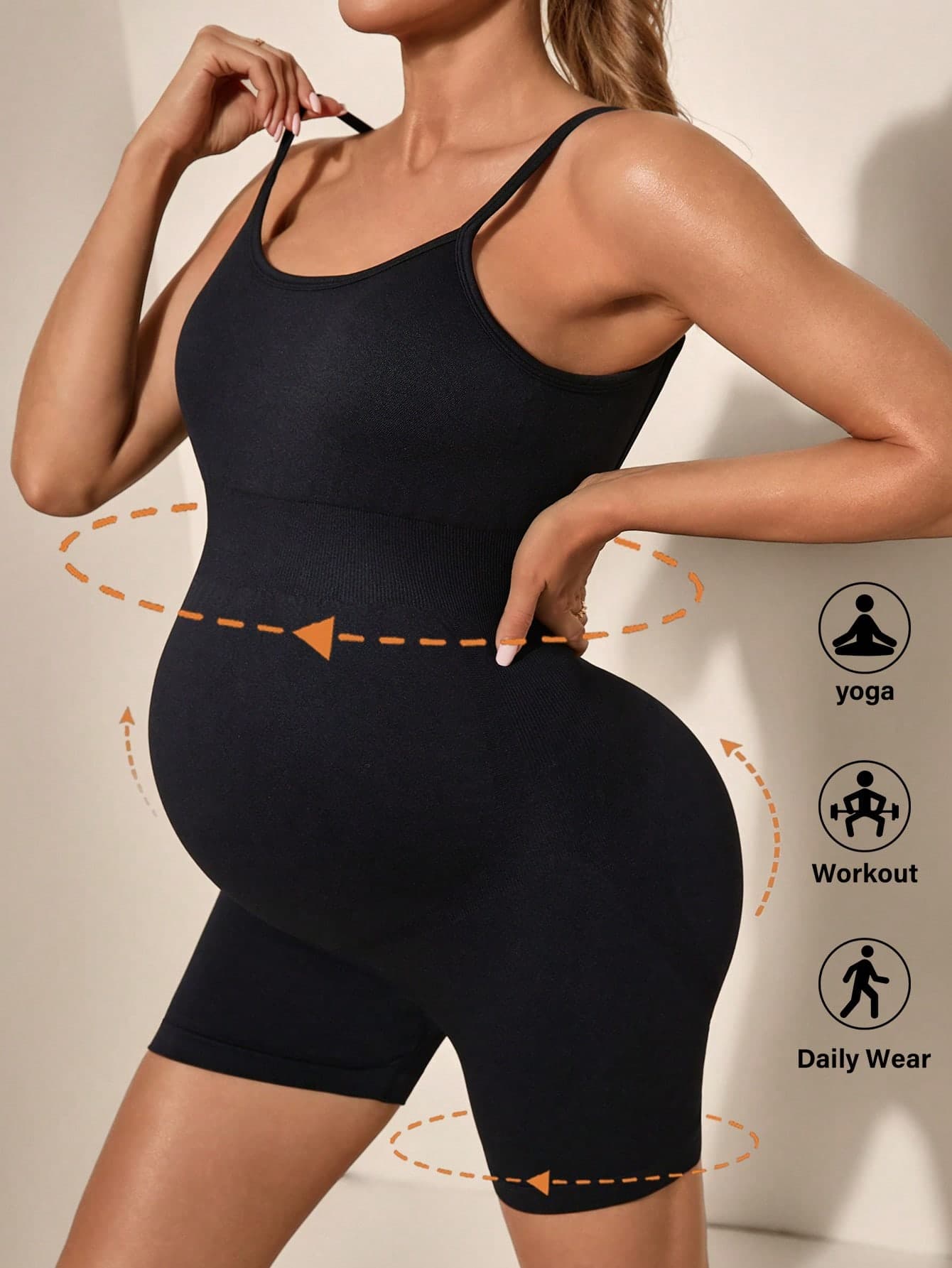 SHEIN 1 Set Backless Strap Fitted Maternity Activewear Yoga Jumpsuit Super High Rise Belly Support Maternity Leggings High-Stretchy Gym Shorts,Word Cup