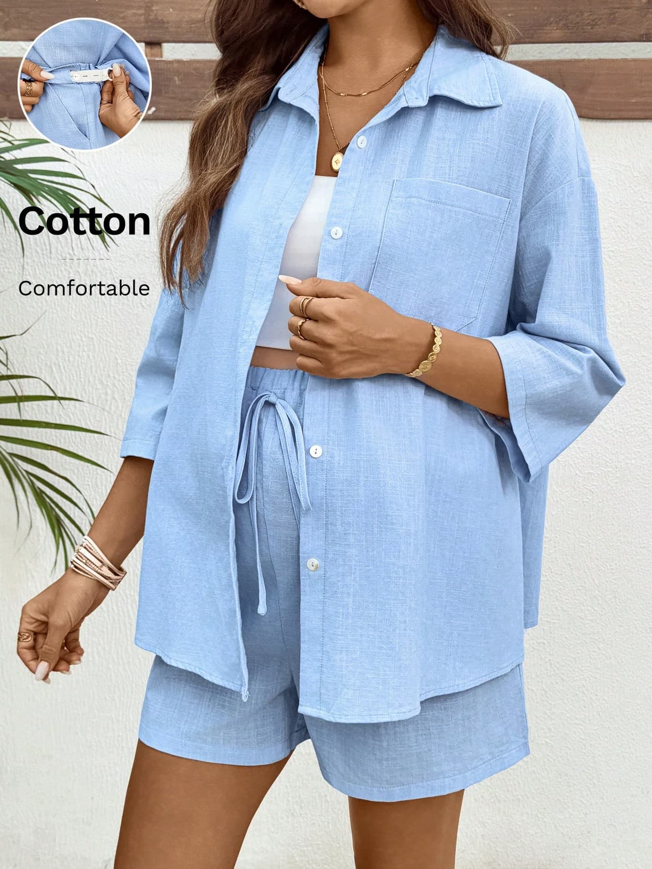 SHEIN Maternity Solid Drop Shoulder Blouse & Shorts Casual 2 Pieces Set Fall