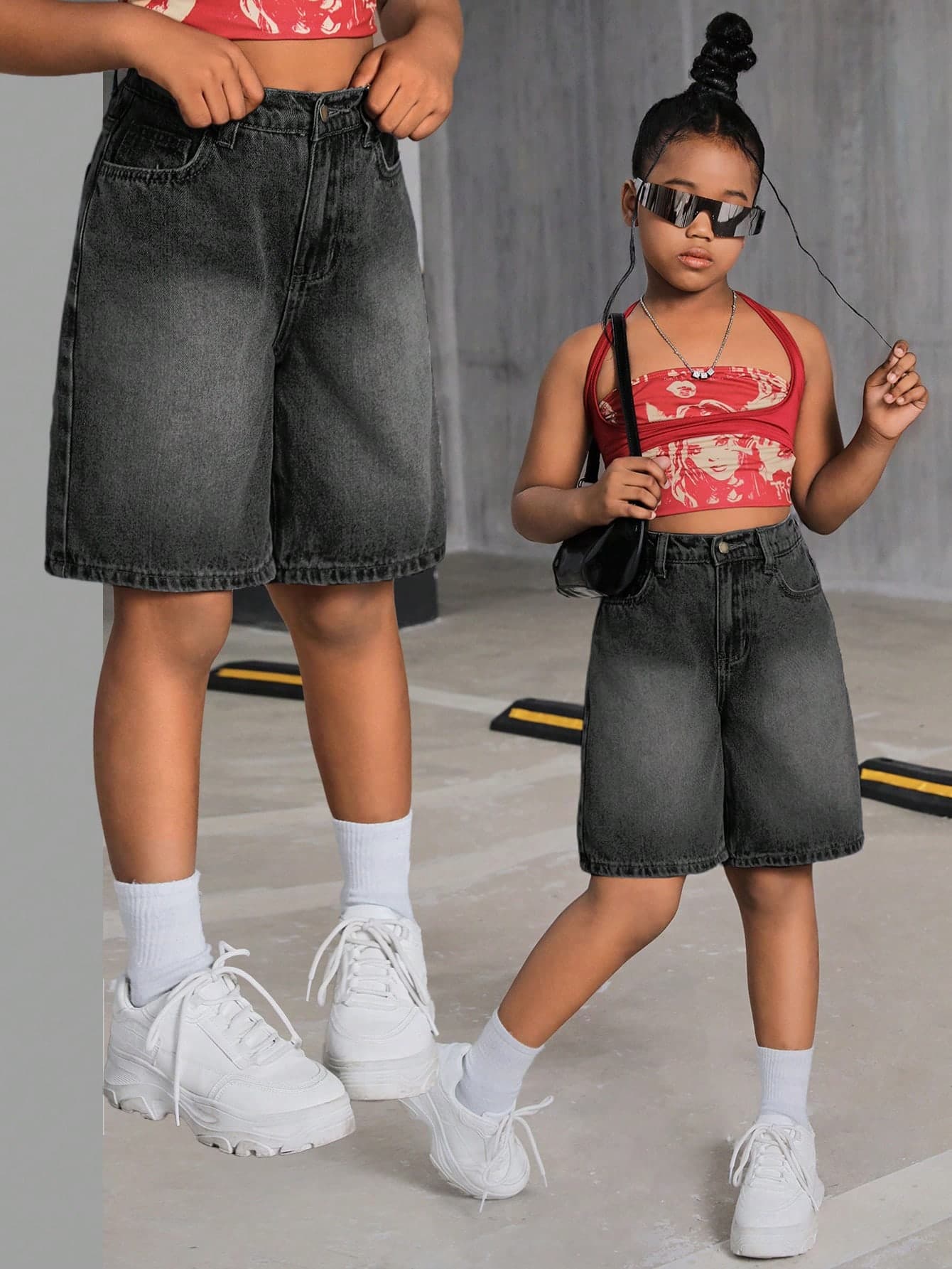 SHEIN Tween Girl Y2K 2000s Retro Washed Casual High Waisted Baggy Casual Denim Wide Leg Knee Length Jeans Short, Girls Summer Clothes Back To School Streetwear, Beach Boho Concert Biker Shorts Rave Festival, Graduation
