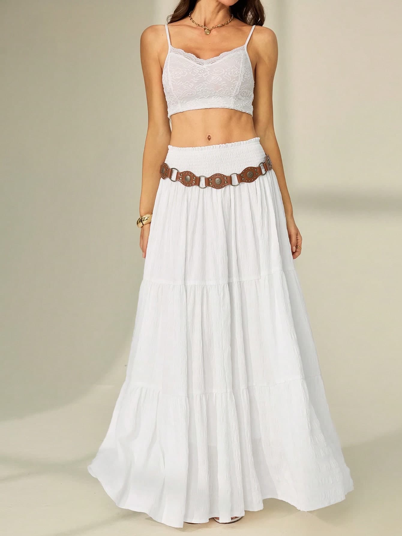 SHEIN Tall Women's Solid Color Shirred Waist Ruffled Hem Skirt, Tall Women