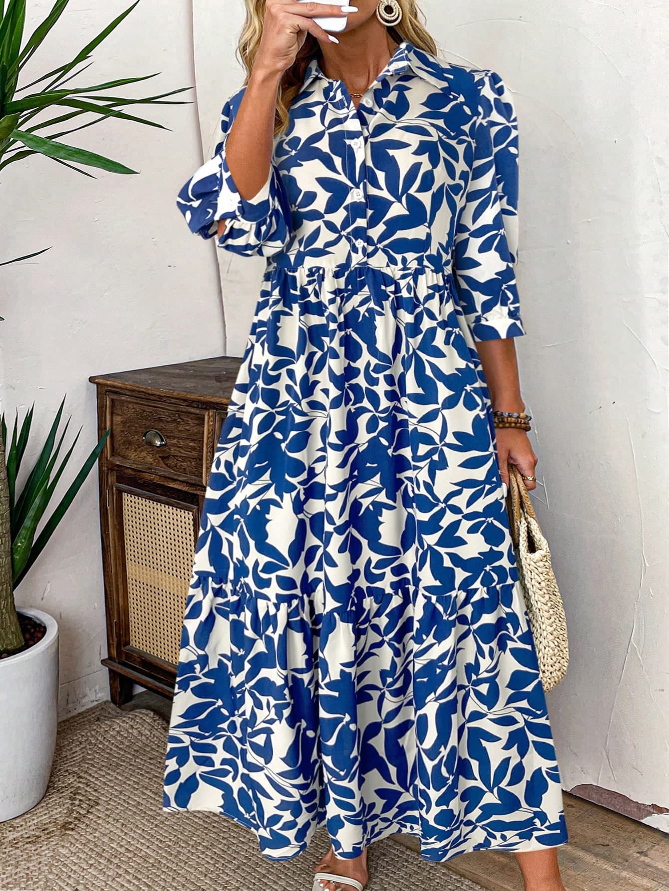 SHEIN LUNE Plus Size Women Elegant White Boho Summer Holiday Bachelorette Party Tea Party Printed Dress,Artistic Casual Loose Versatile Fashion Graduation, Fall