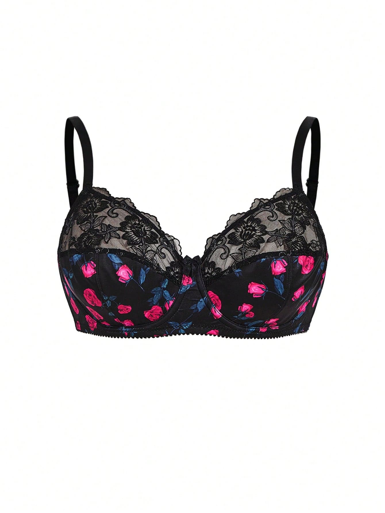 SHEIN 1pc Embroidered Black Print Fabric Soft Unpadded Bra