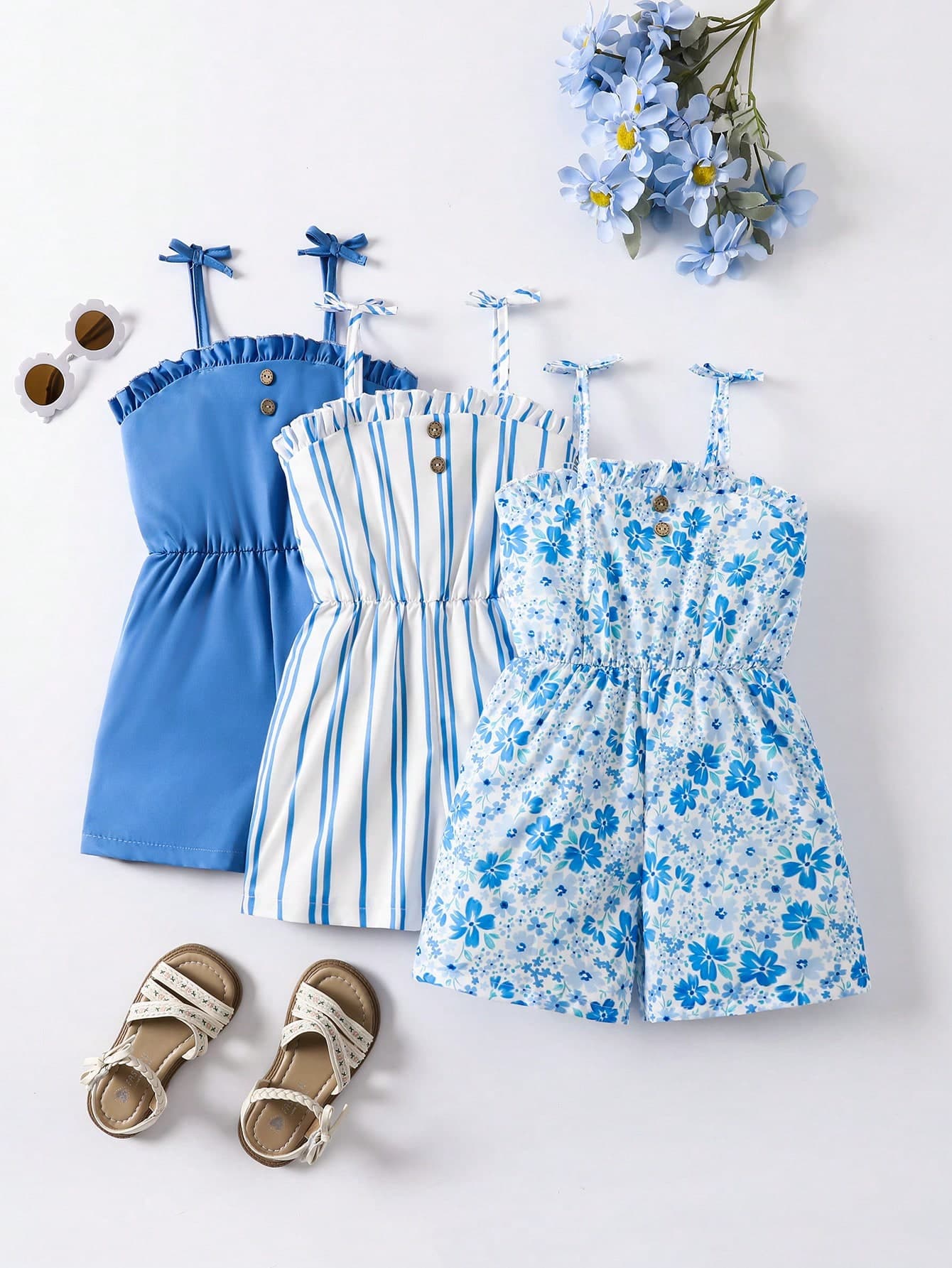SHEIN Elladie kids 3pcs/Pack Young Girl Blue+Striped+Floral Print Tie Front Jumpsuit, School, Campus, College