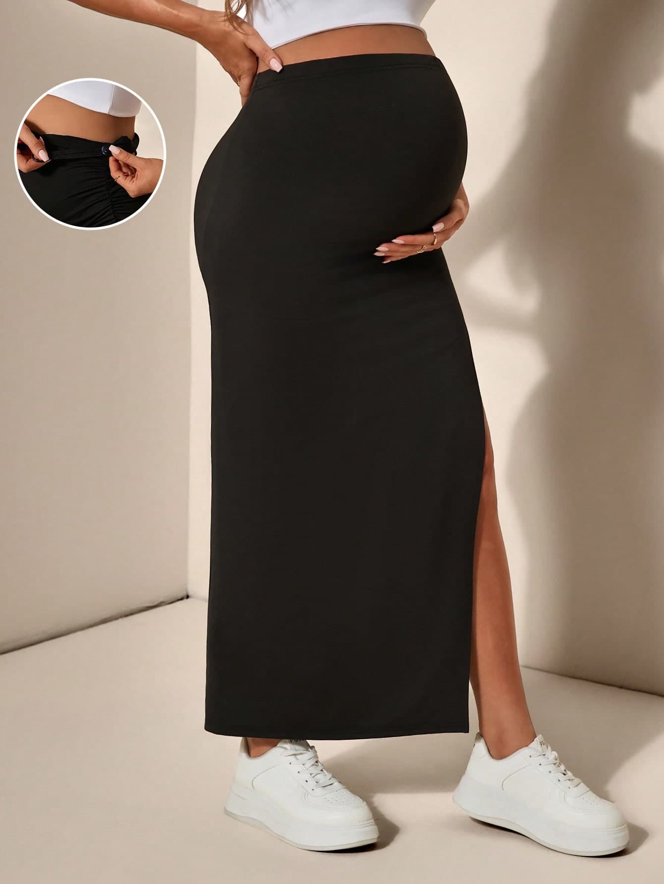 SHEIN Adjustable Waist Slim Fit Slit Maternity Skirt Maternity Trousers  Women Maternity Clothes World Cup