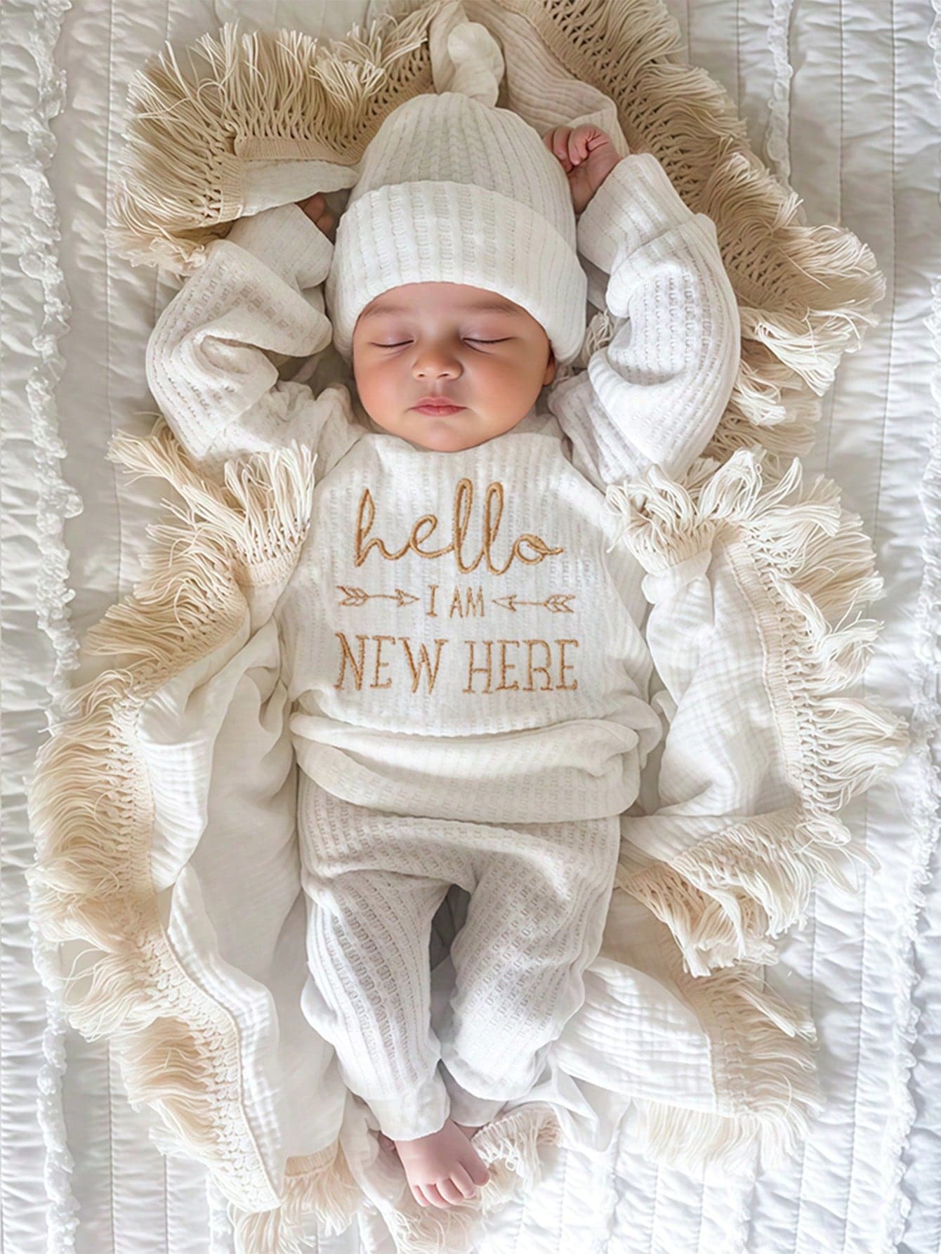 SHEIN HELLO Letter Embroidery Newborn Baby Photography Outfit - Baby Boy/Girl Top, Pants, Hat 3pcs Set, 1 Month To 100 Days Old Studio Photo Props