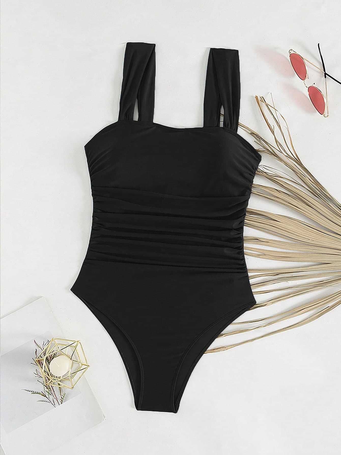Swim Basics Springbreak Women's Solid Color Ruffle Straps Minimalist One Piece Swimsuit, Festival Boho For Summer Beach Vacation