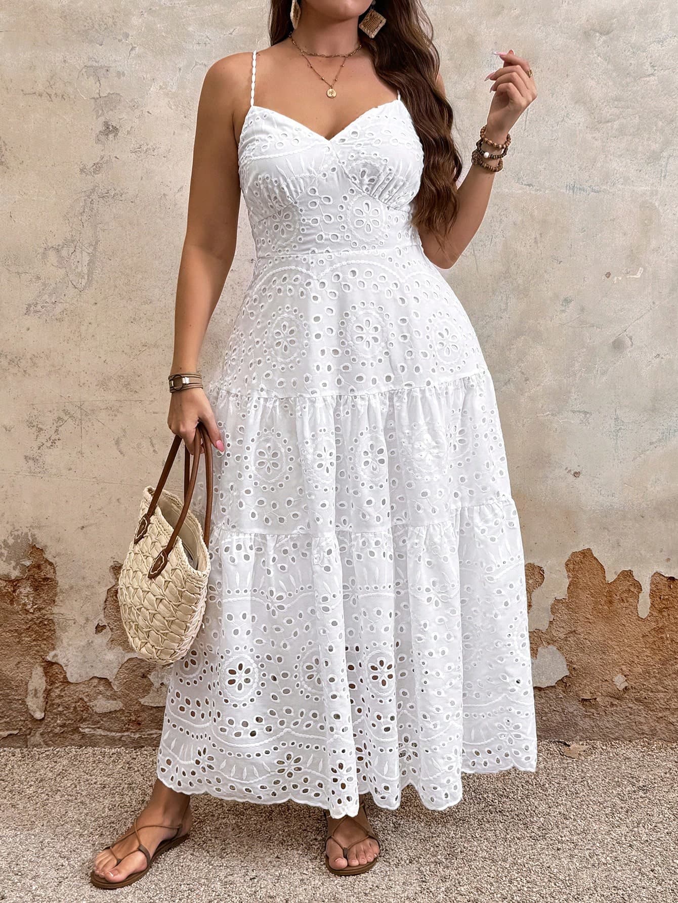 Breezaya Plus Size Women's White Summer Boho Tea Party Holiday Simple Spaghetti Strap Fitted Long Dress,Casual Vacation Style Curve Plus Curve
