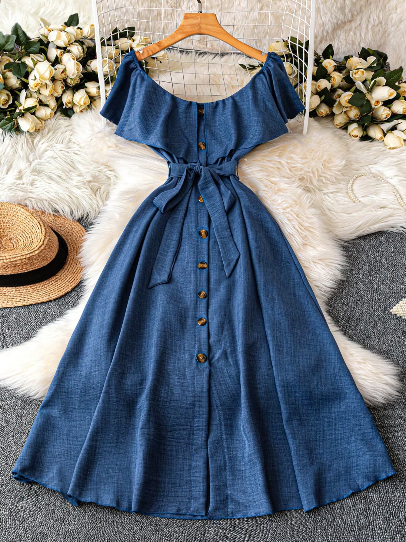 DreamSkyne Exquisite & Elegant  Plus Size Off-Shoulder Ruffle Hem Button Accent Waist Tie Elegant Vacation Dress, Blue