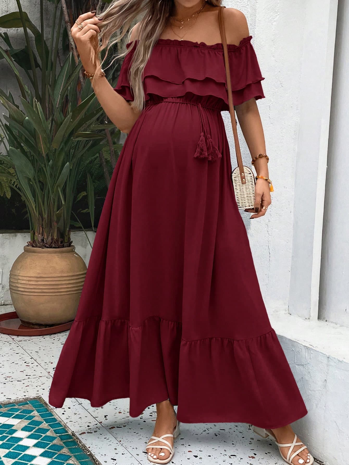 SHEIN Maternity Ruffle Off Shoulder Elegant Solid Color Dress For Vacation
