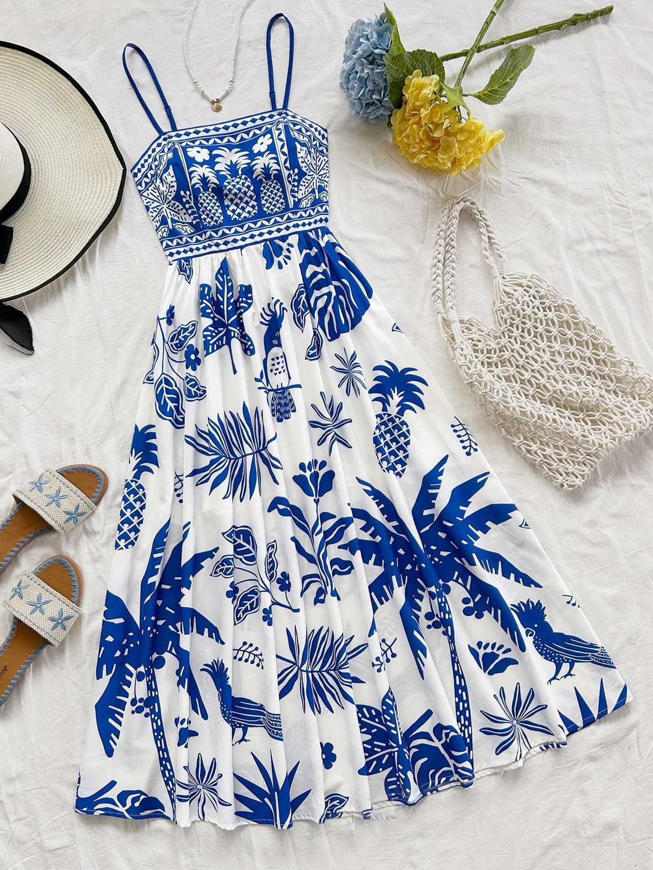Soleia Women's Tropical Bird, Palm Tree & Floral Print Sleeveless A-Line Midi Dress With Cinched Waist, Vacation Style Dresses For Women Summer Work