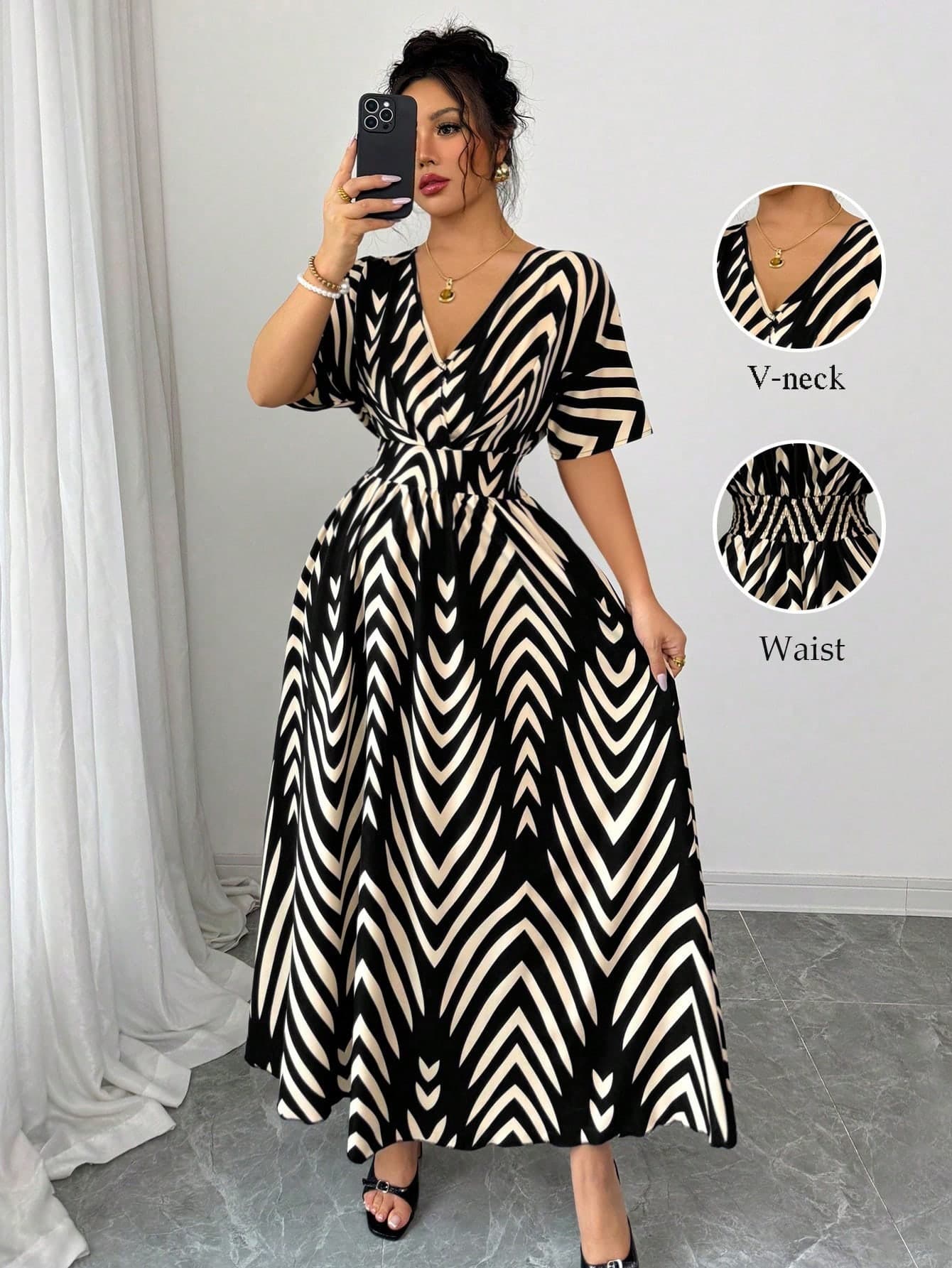 Elenzga New Spring Summer Casual V-Neck Floral Print Waist Slimming Flared Dress For Daily Wear & Vacation